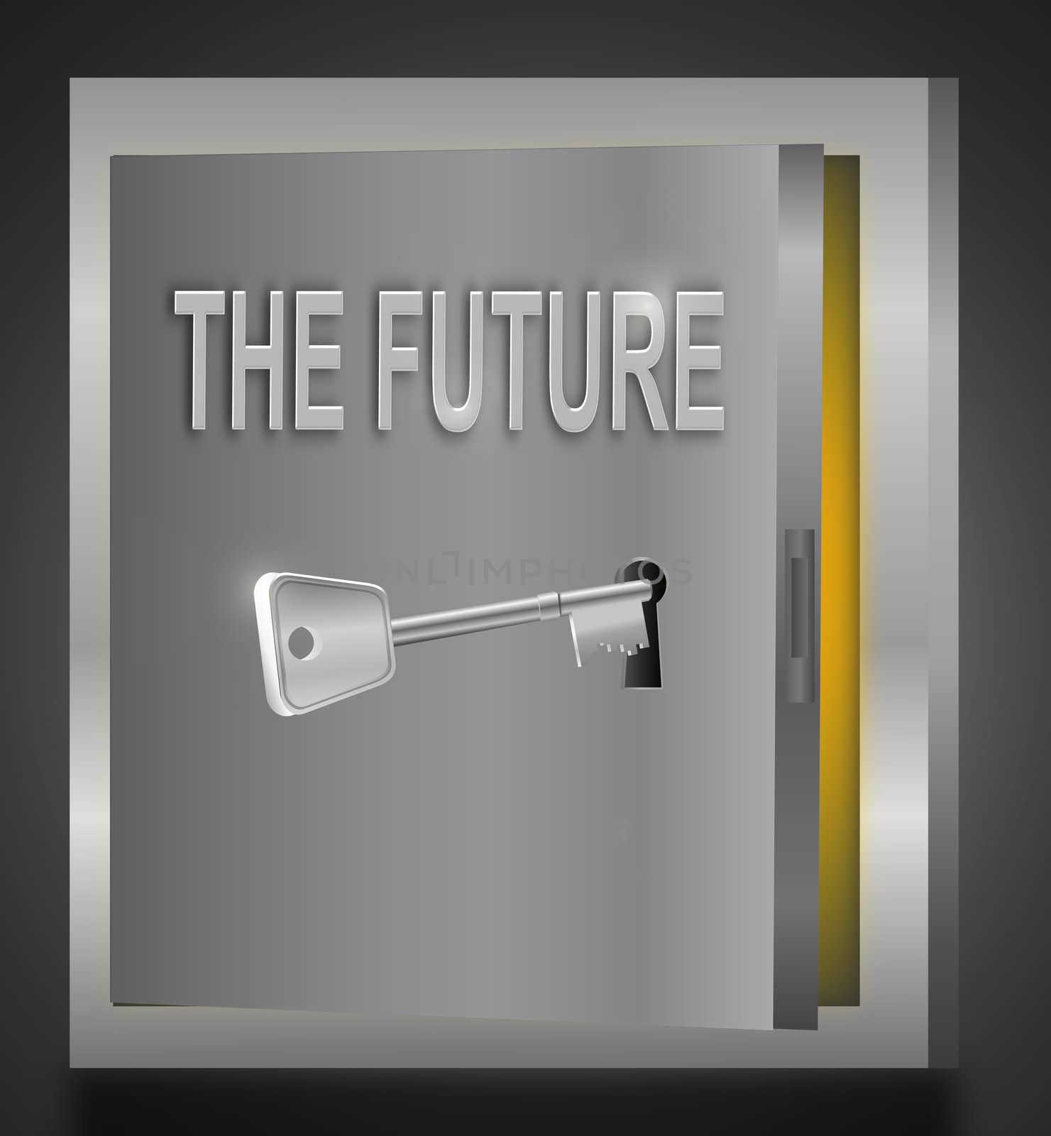 Illustration depicting a steel door with the words 'The future' being opened by a metallic key.