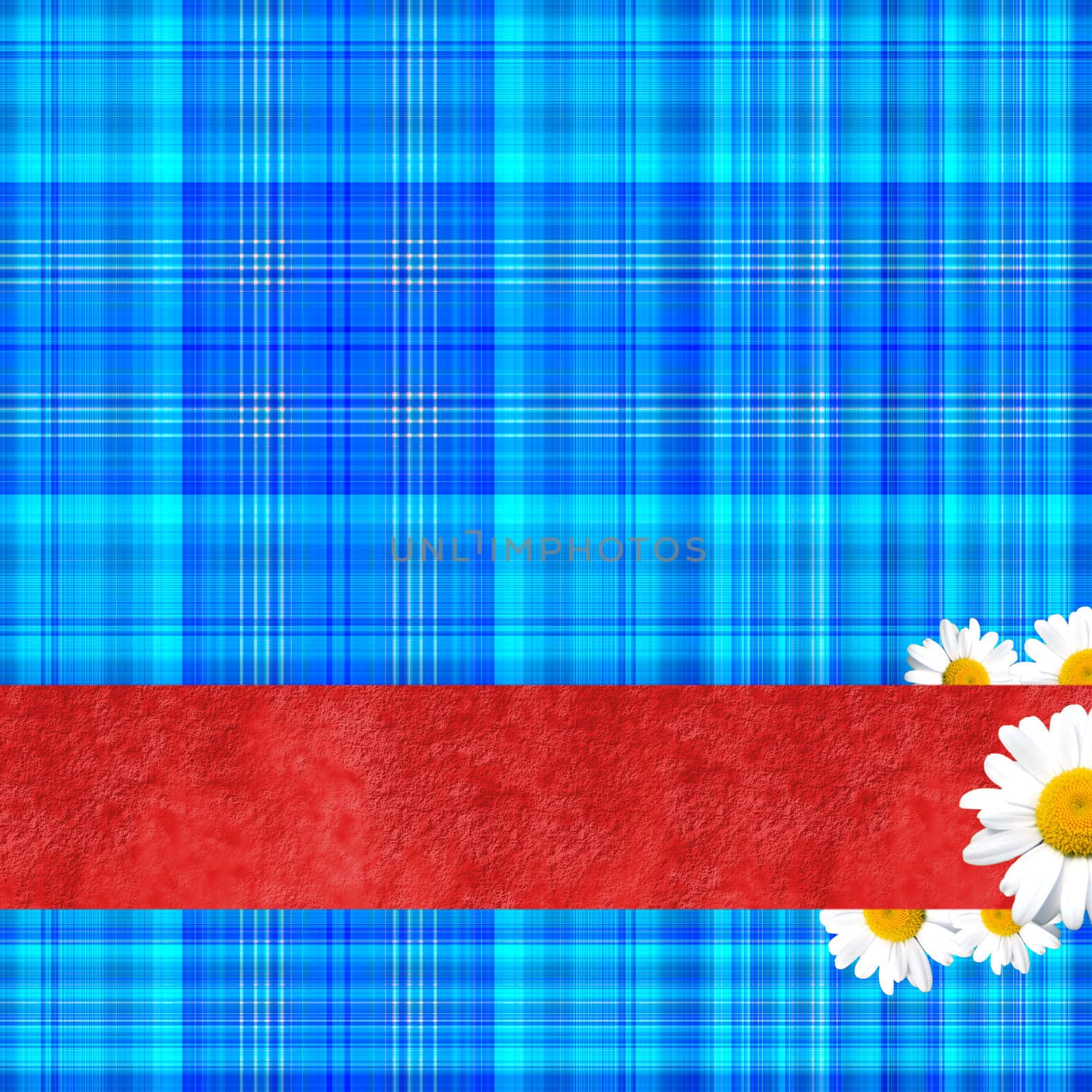 Geometric blue background with red ribbon and daisies
