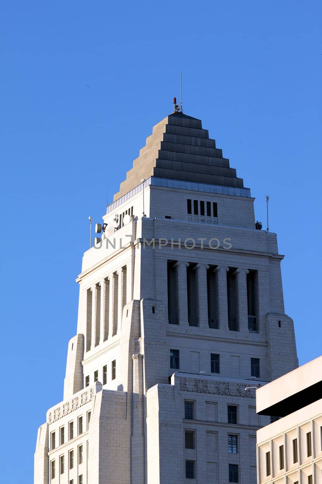 Top part and rooftop of the city hall in downtown Los Angeles