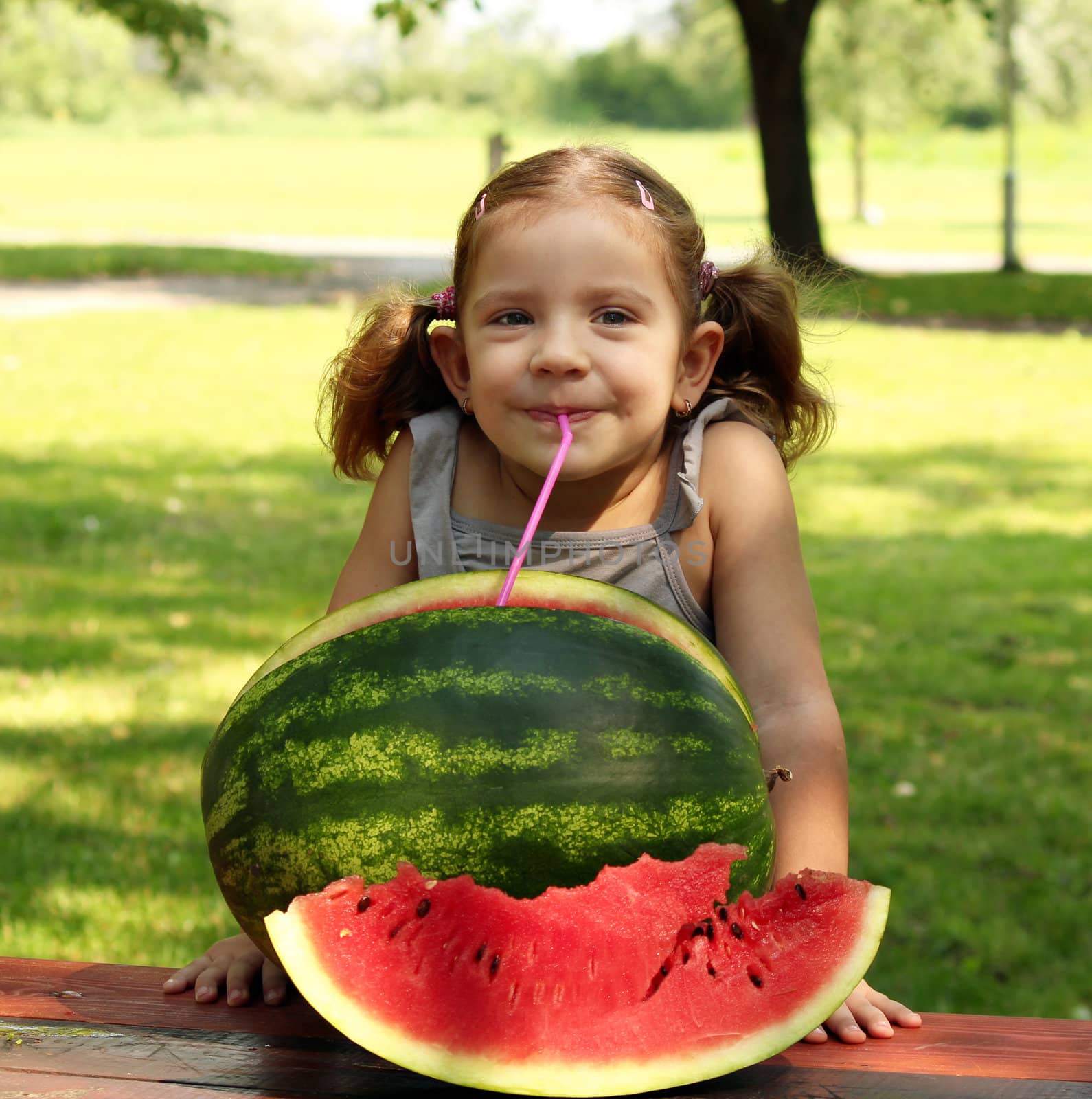 beauty little girl with watermelon summer scene by goce
