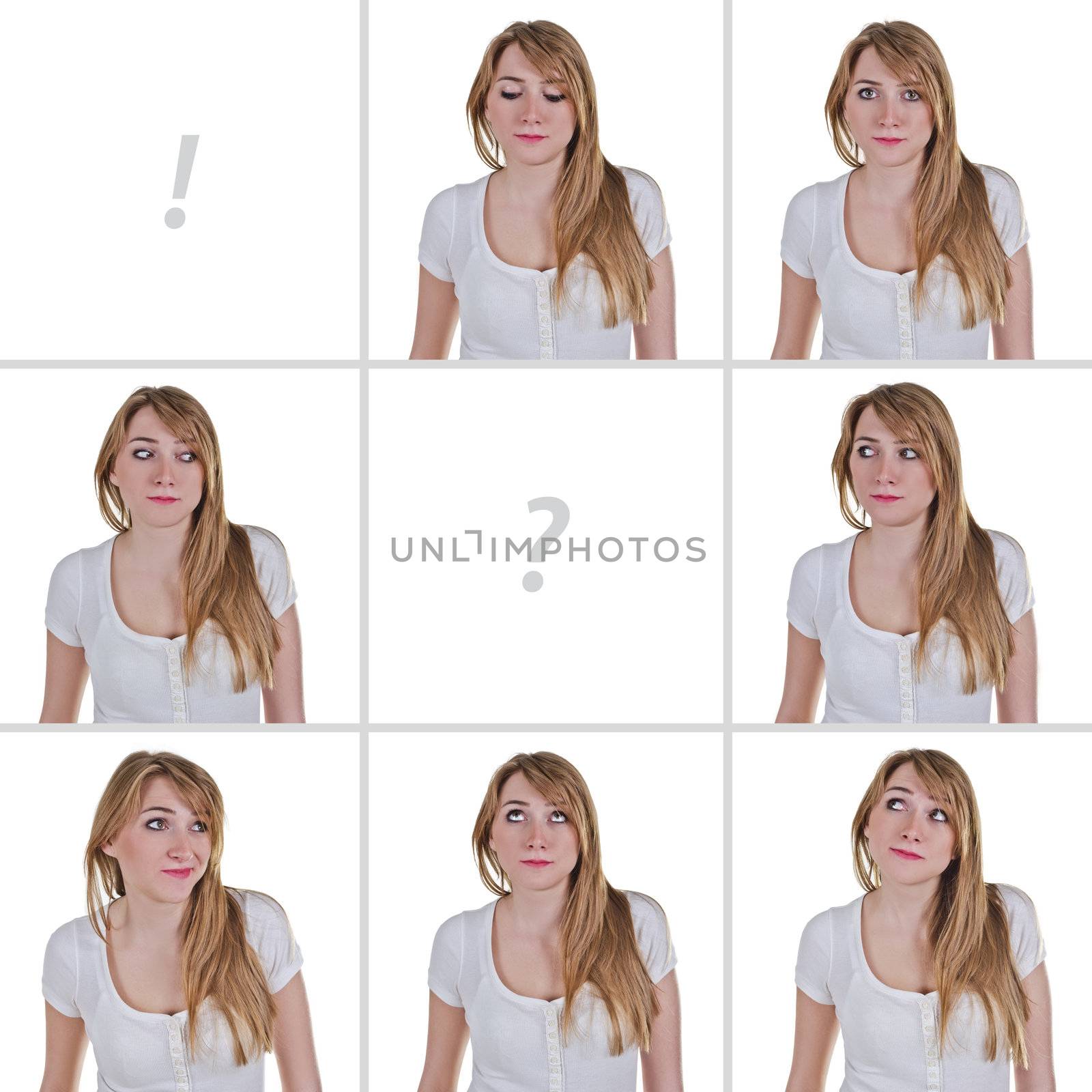 Woman looking in various directions, conceptual digital collage with copy-space, isolated over white
