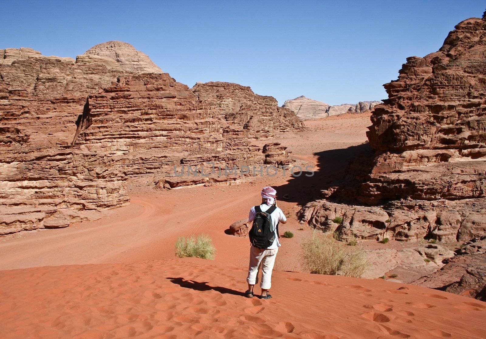 Tourist in desert Wadi Rum. Jordan by nikolpetr