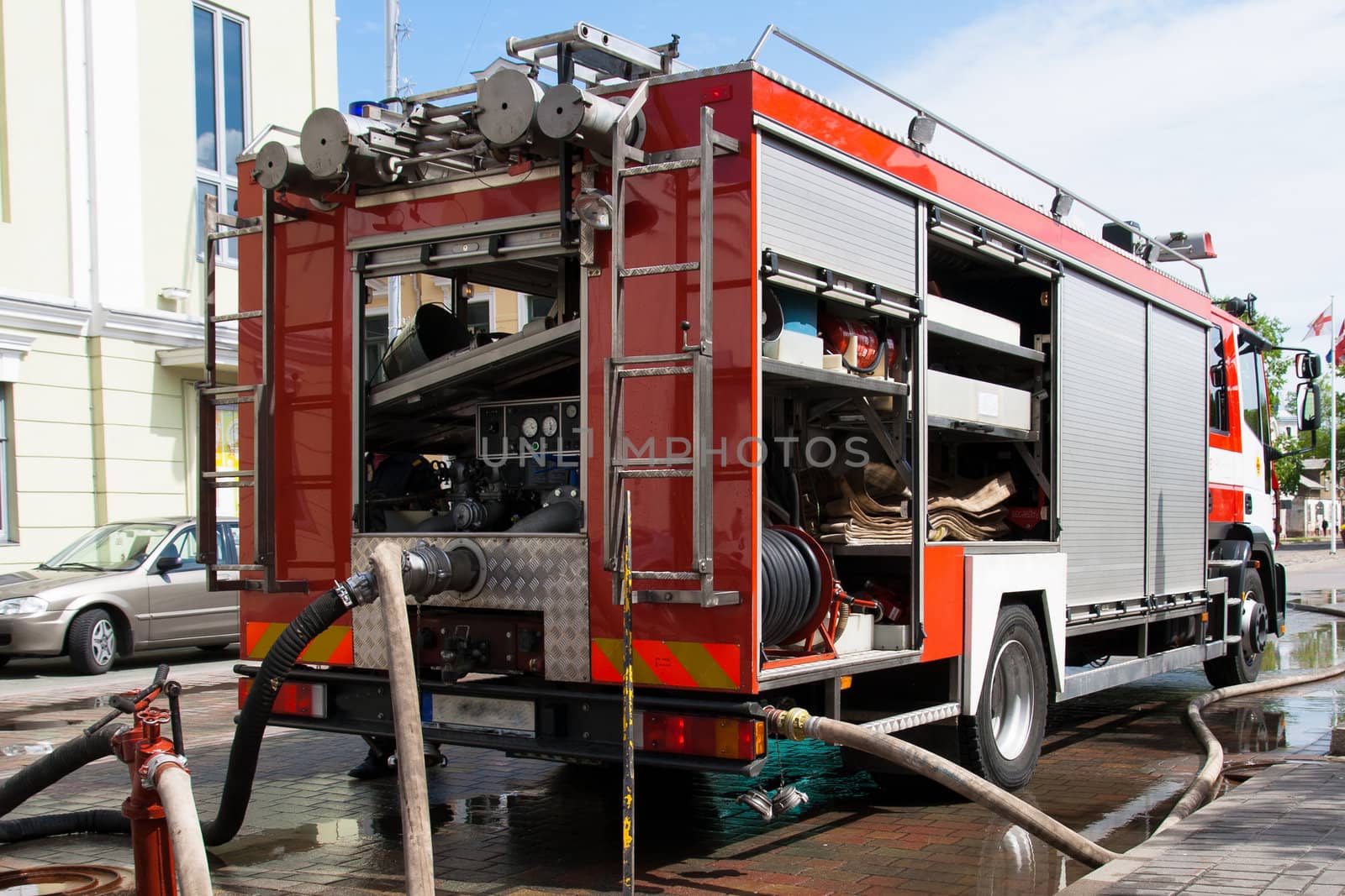 view of the fire trucks at work