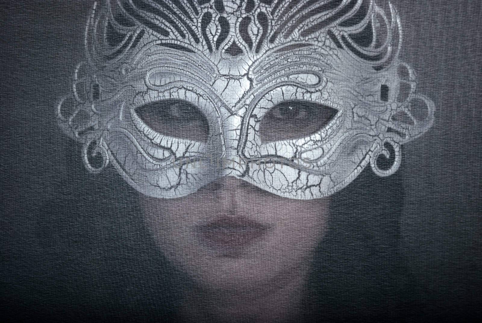 Art portrait beautiful woman in mask on the dark background. Natural noise.