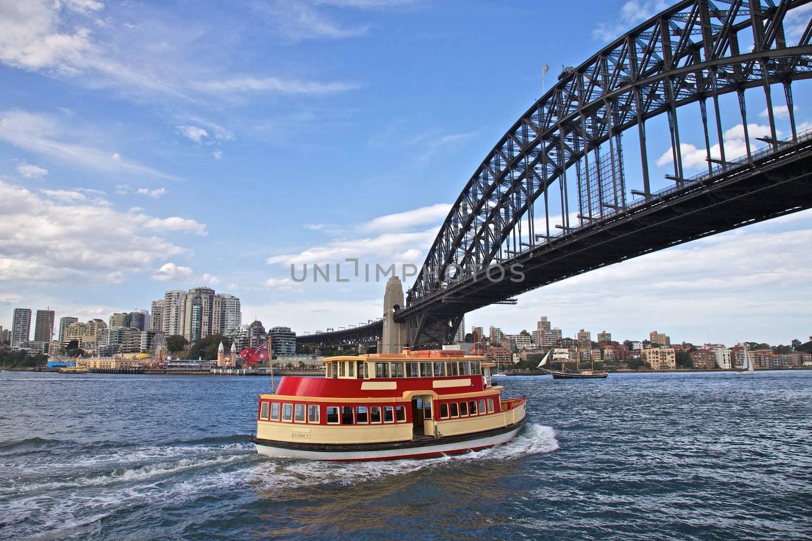 Sydney habour ferry under the iconic Sydney bridge in Circular Quay