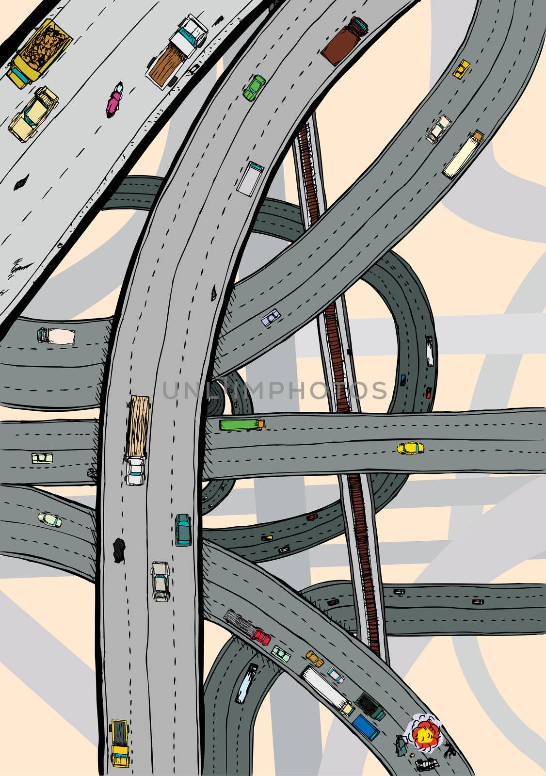 Highways and junctions with cars, trucks and railroad tracks
