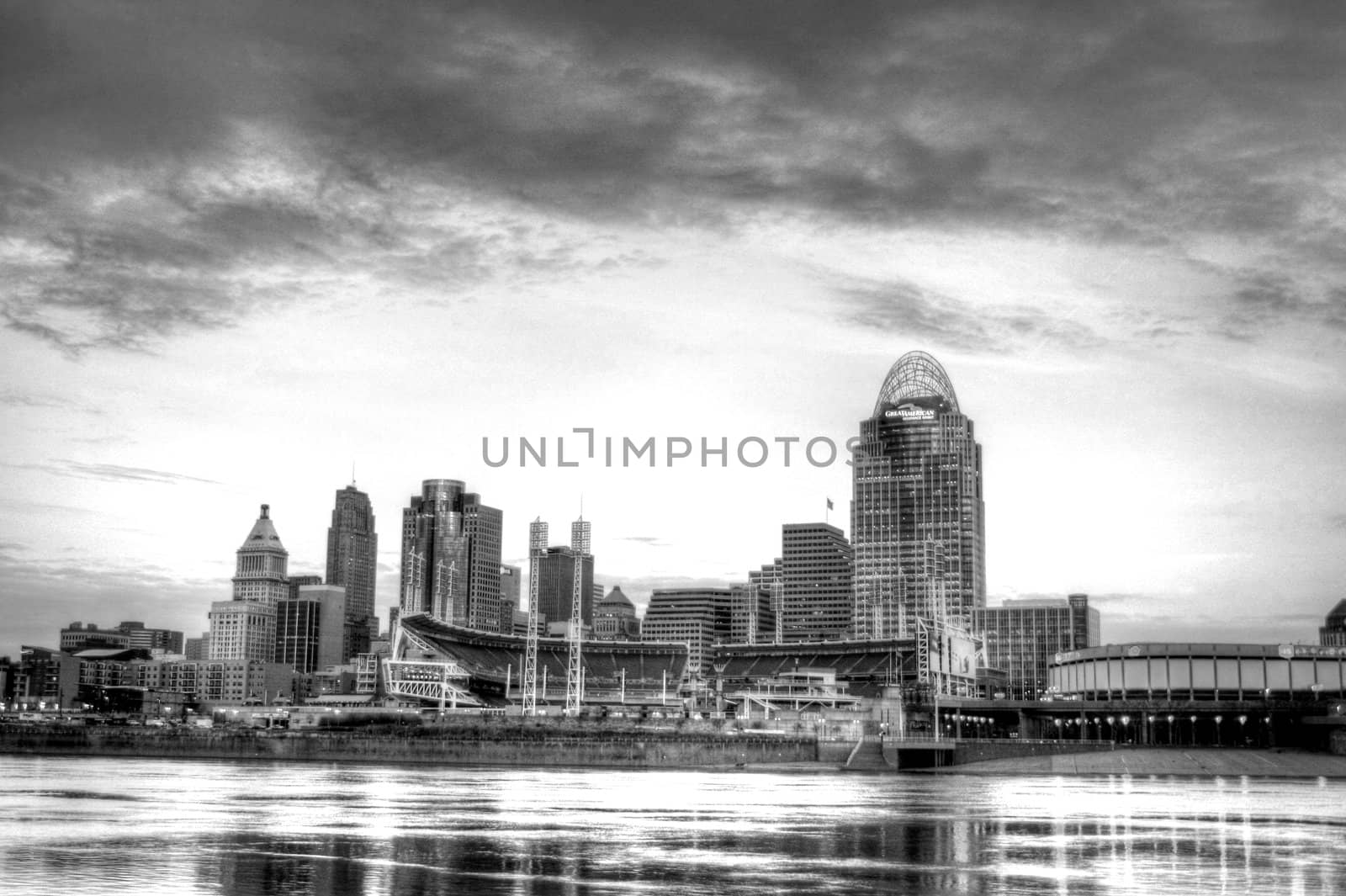 7am, January 16, 2012 Cincinnati Ohio skyline, editorial, as seen from the riverbank in Newport Kentucky