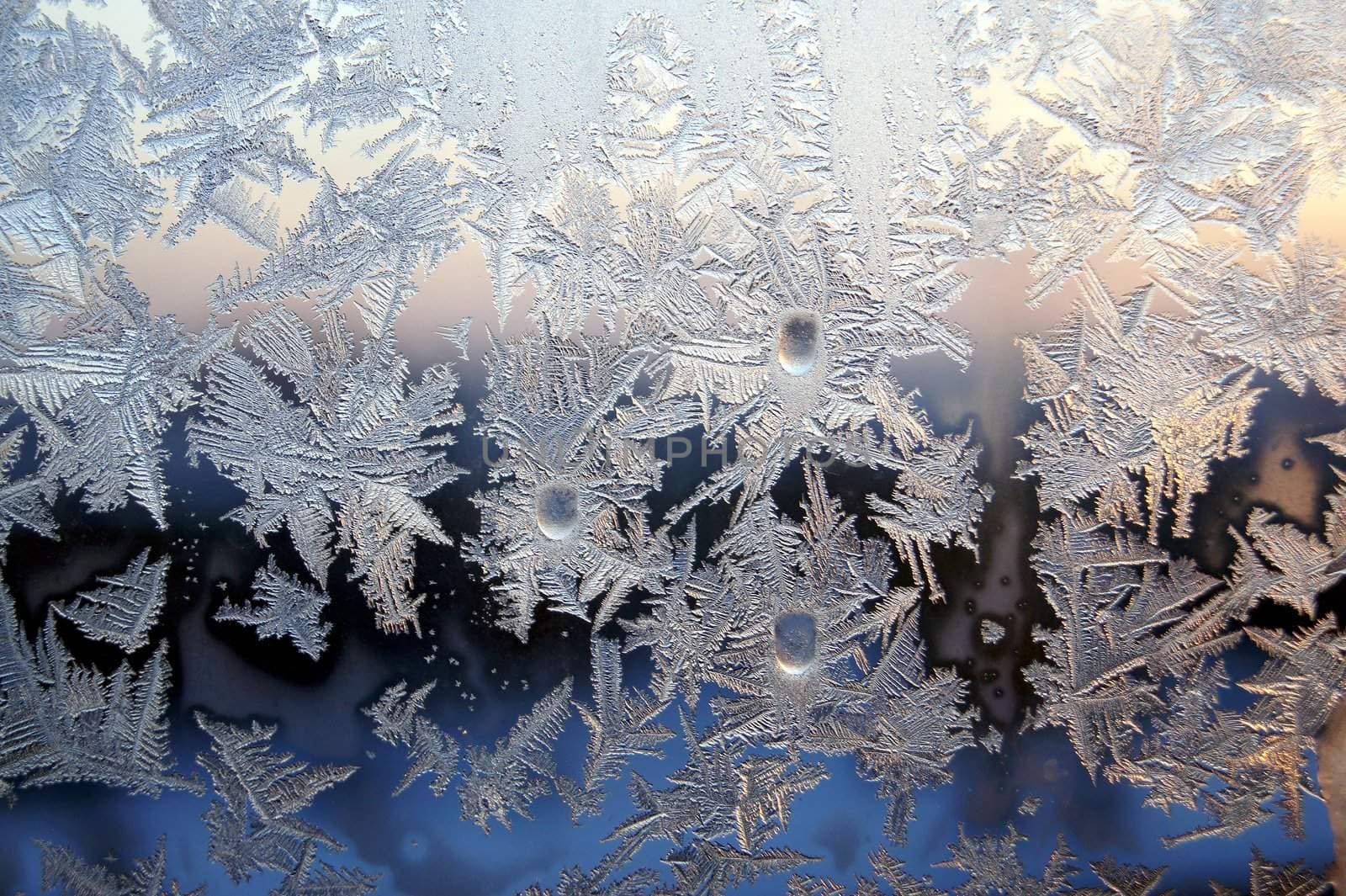 Ice pattern on window, winter sunset