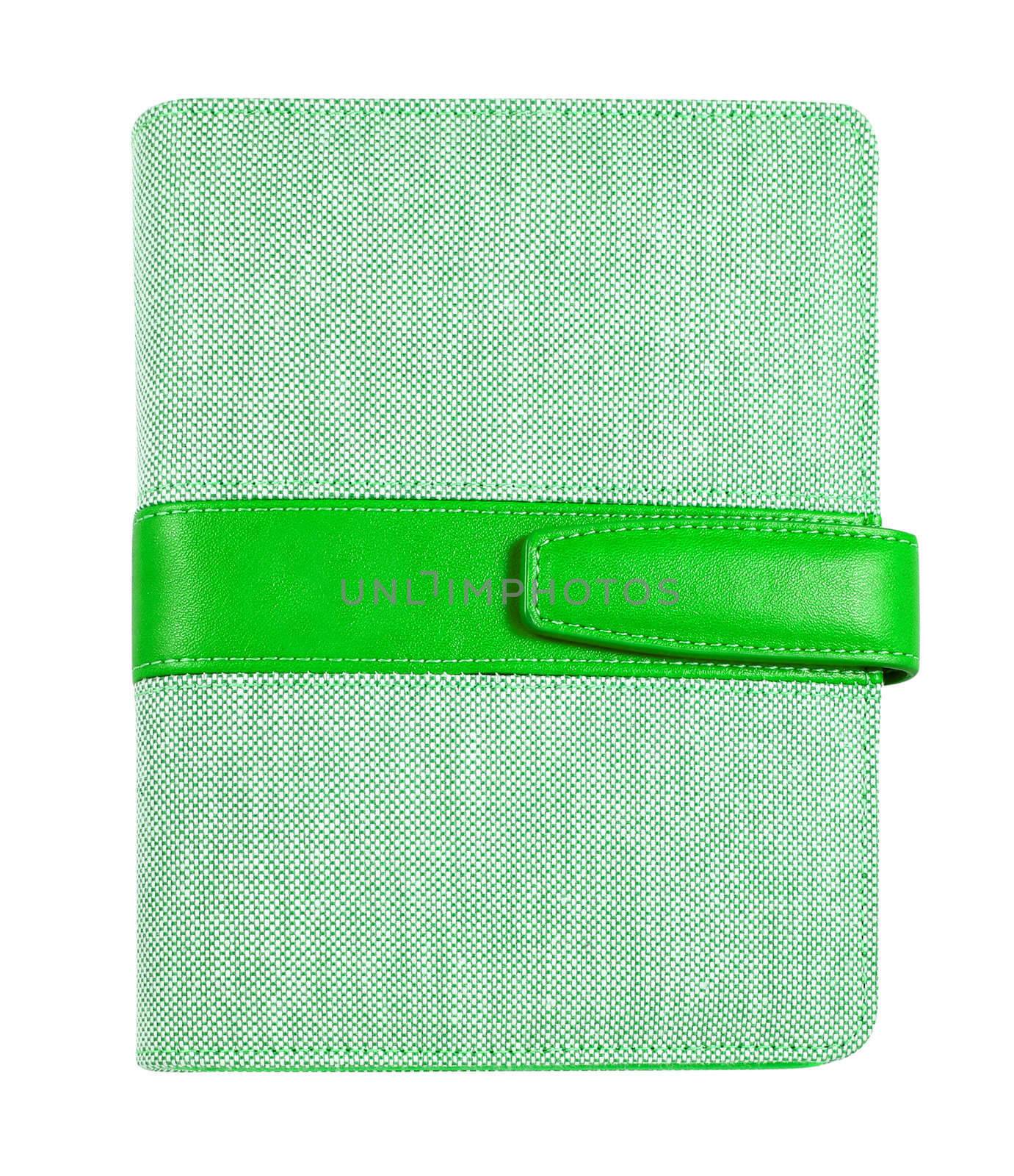 Green leather and canvas cover notebook isolated on white 