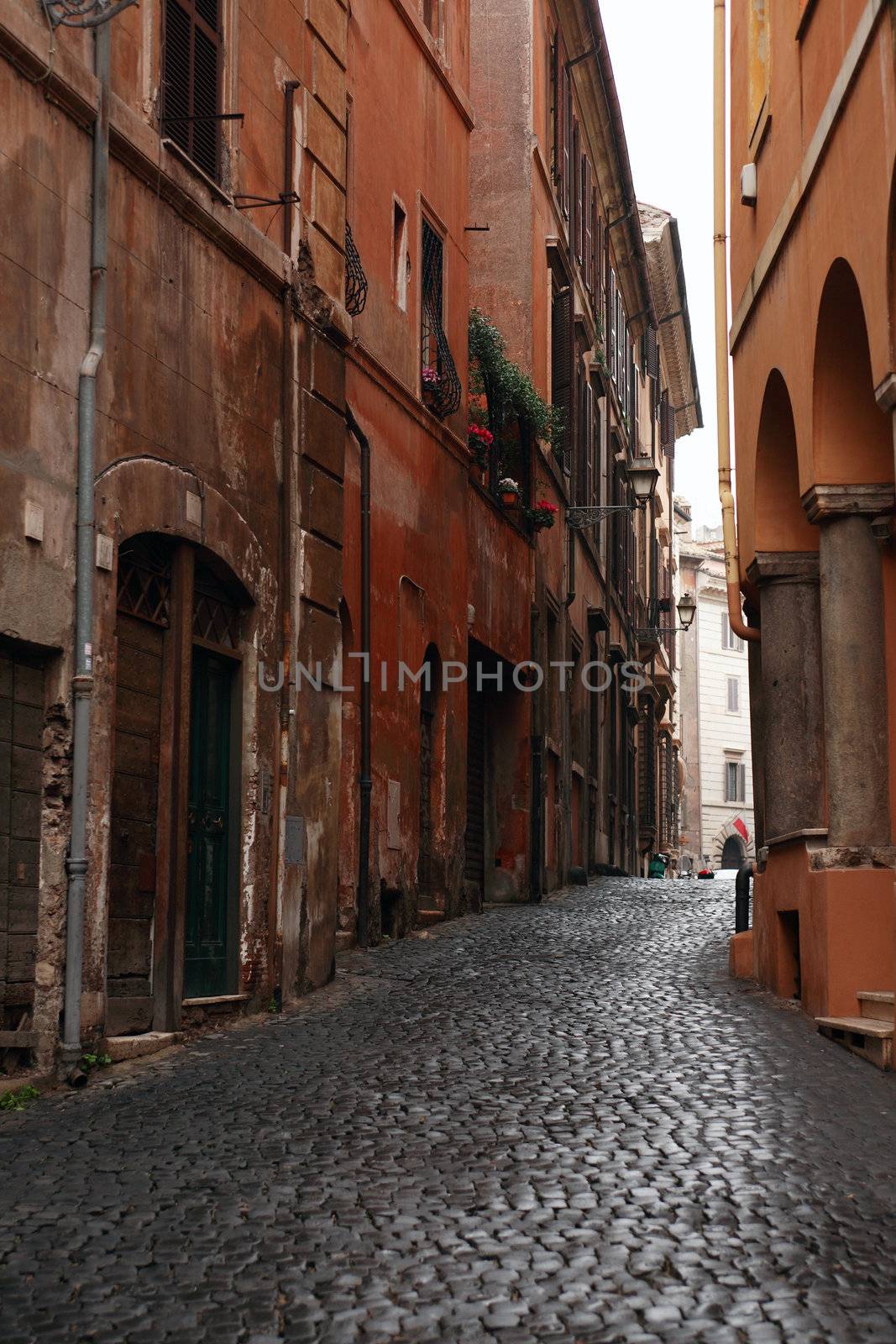 Nice narrow street with old buildings and stone paving. Rome, Italy