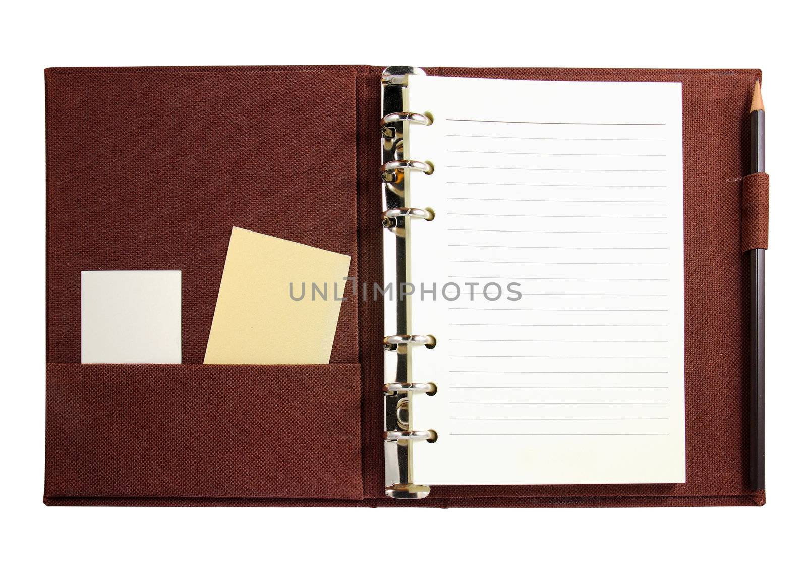 Brown canvas binder notebook with blank card and pencil isolated on white 