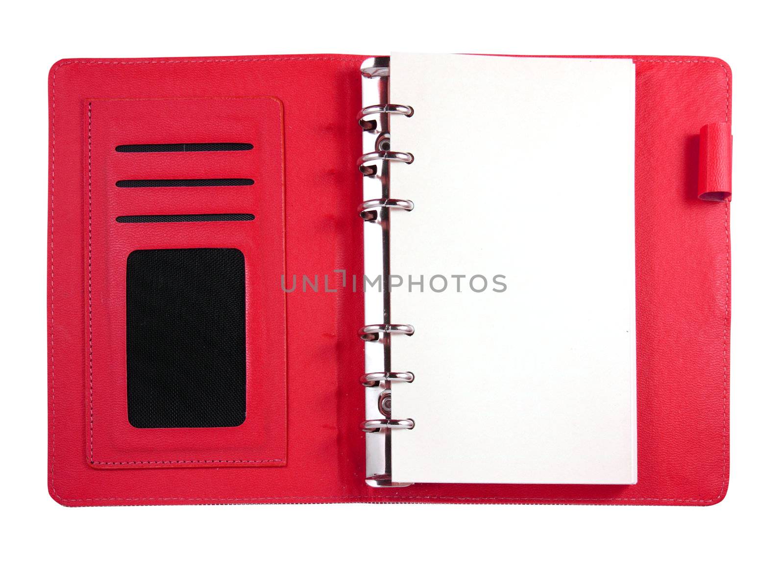 Red canvas binder notebook with blank card and pencil isolated o by nuchylee