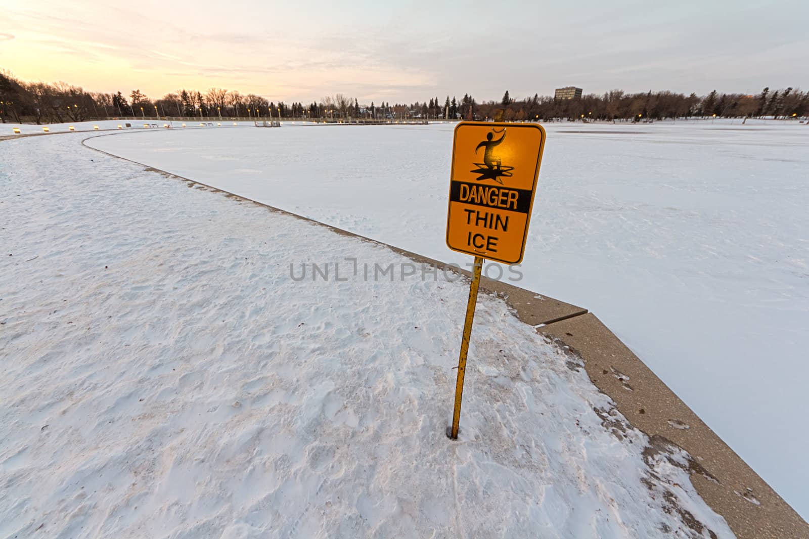 Wascana lake frozen on a cold January day during winter in Regina, Canada.