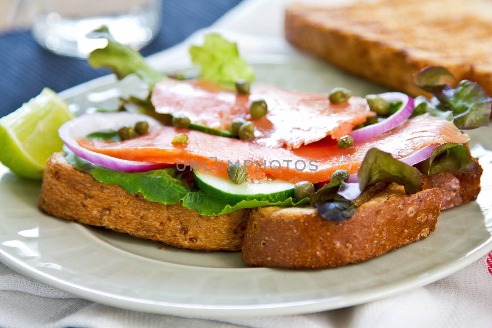 Smoked salmon with caper and vegetables sandwich