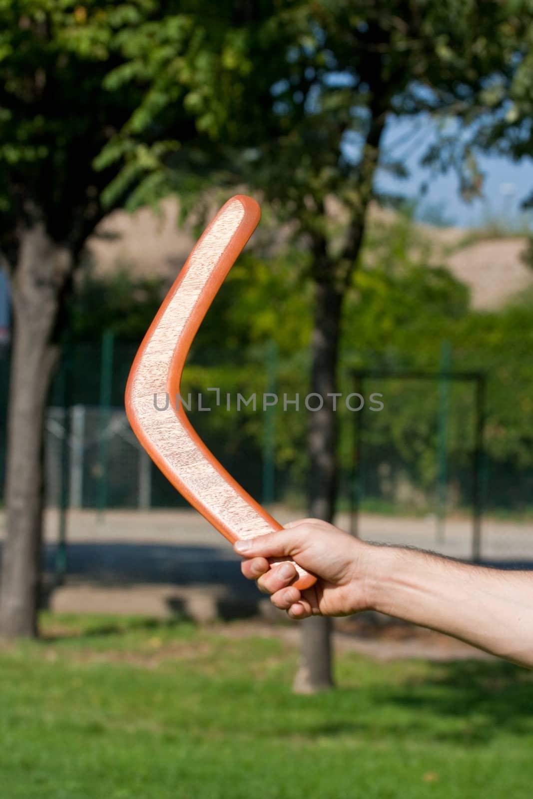 Boy holding wooden boomerang toy