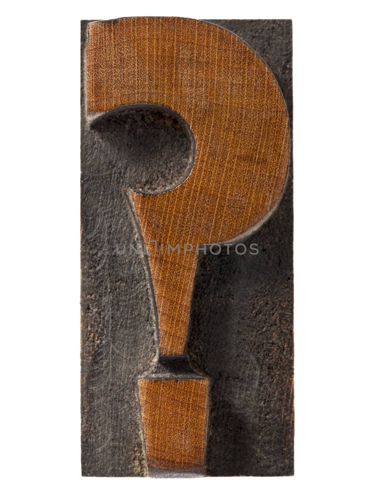 question mark - antique wood letterpress type block,  isolated on white