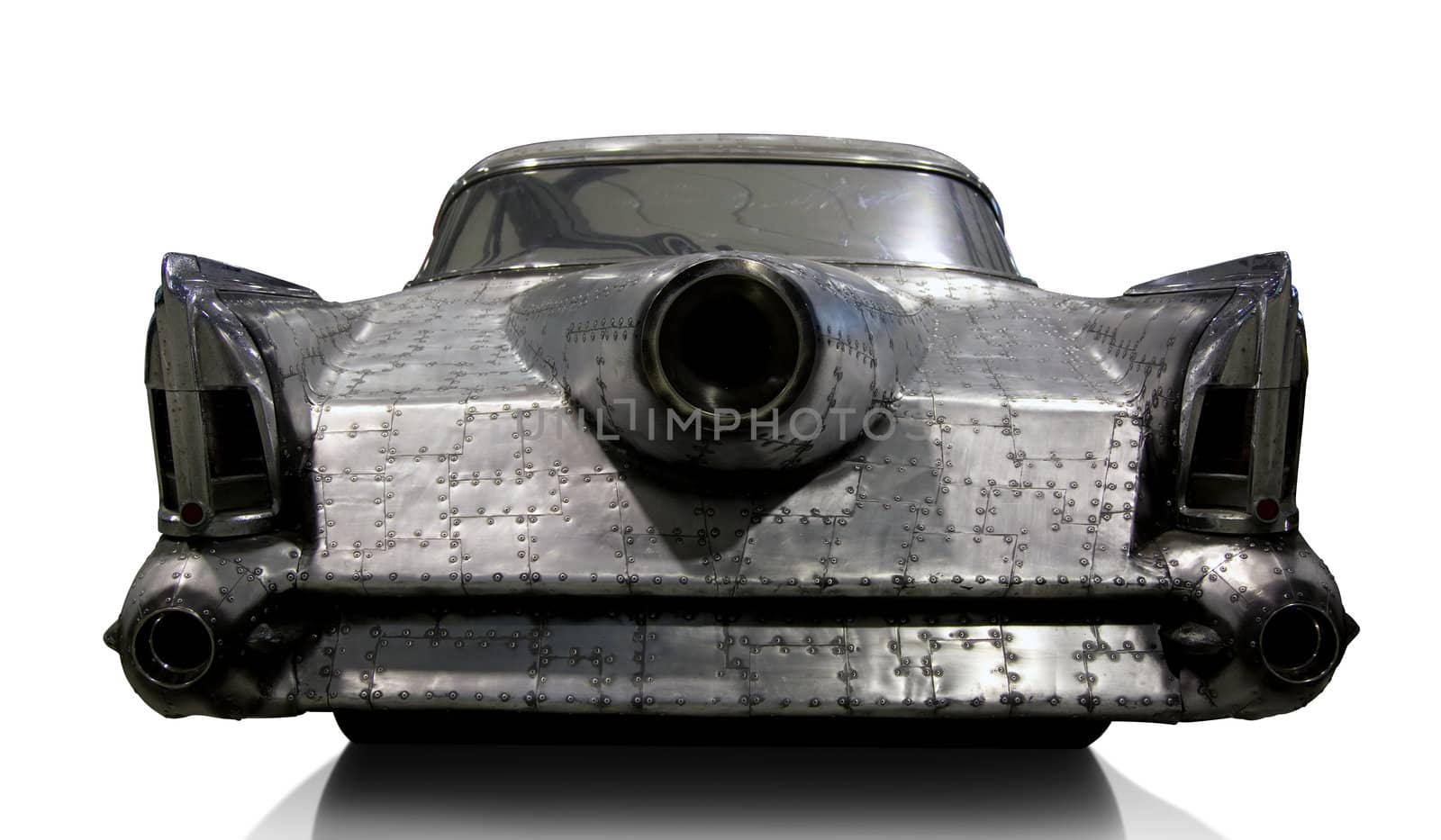 Retro car from pieces of metal. Rear View. Isolated on white