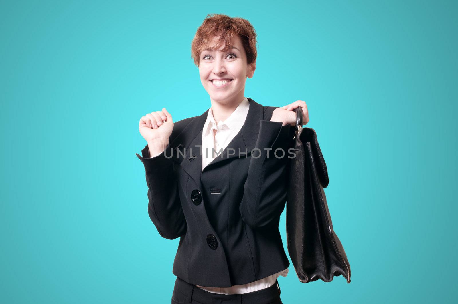 happy business woman with briefcase on blue background