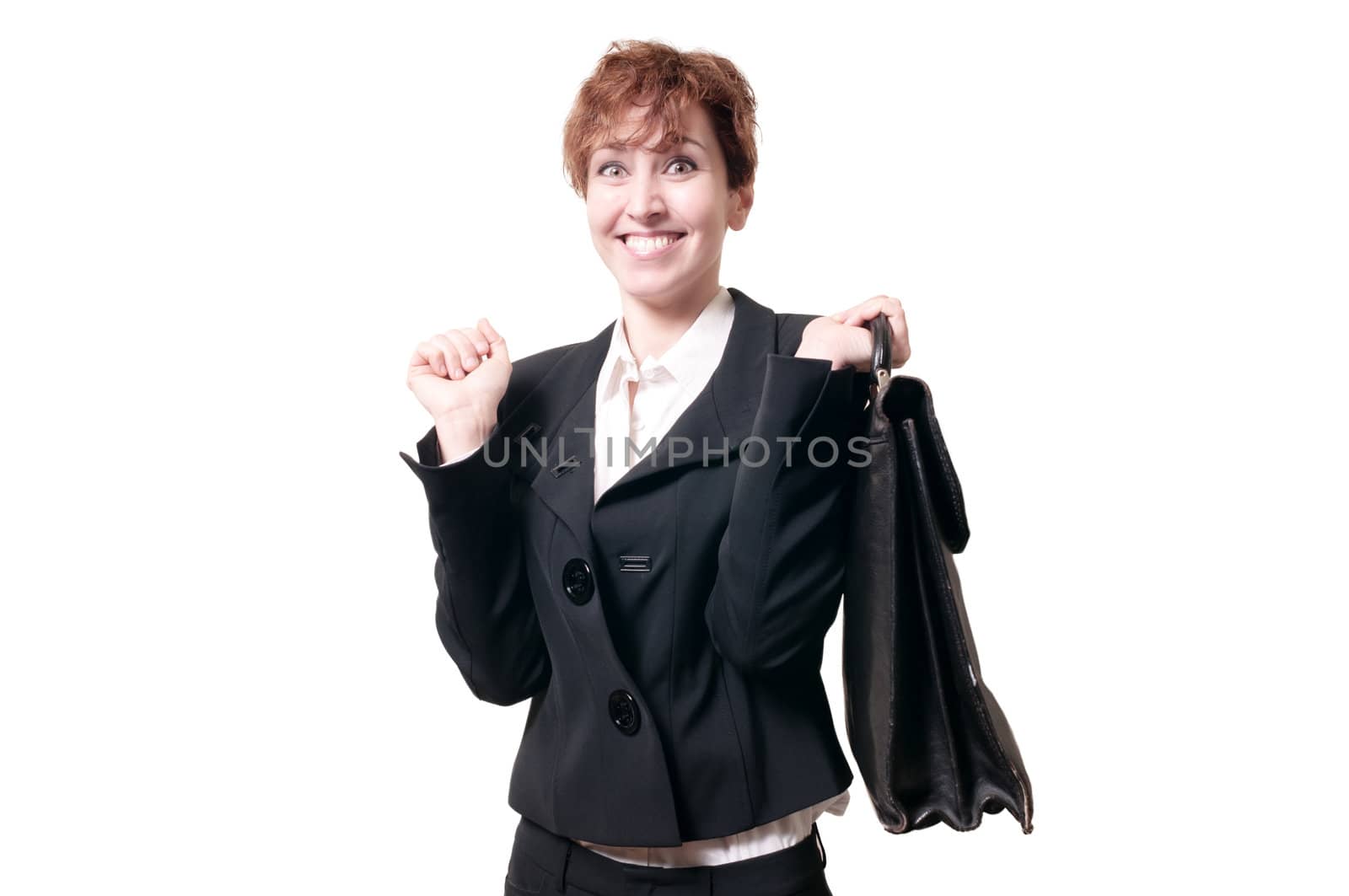 happy business woman with briefcase on white background