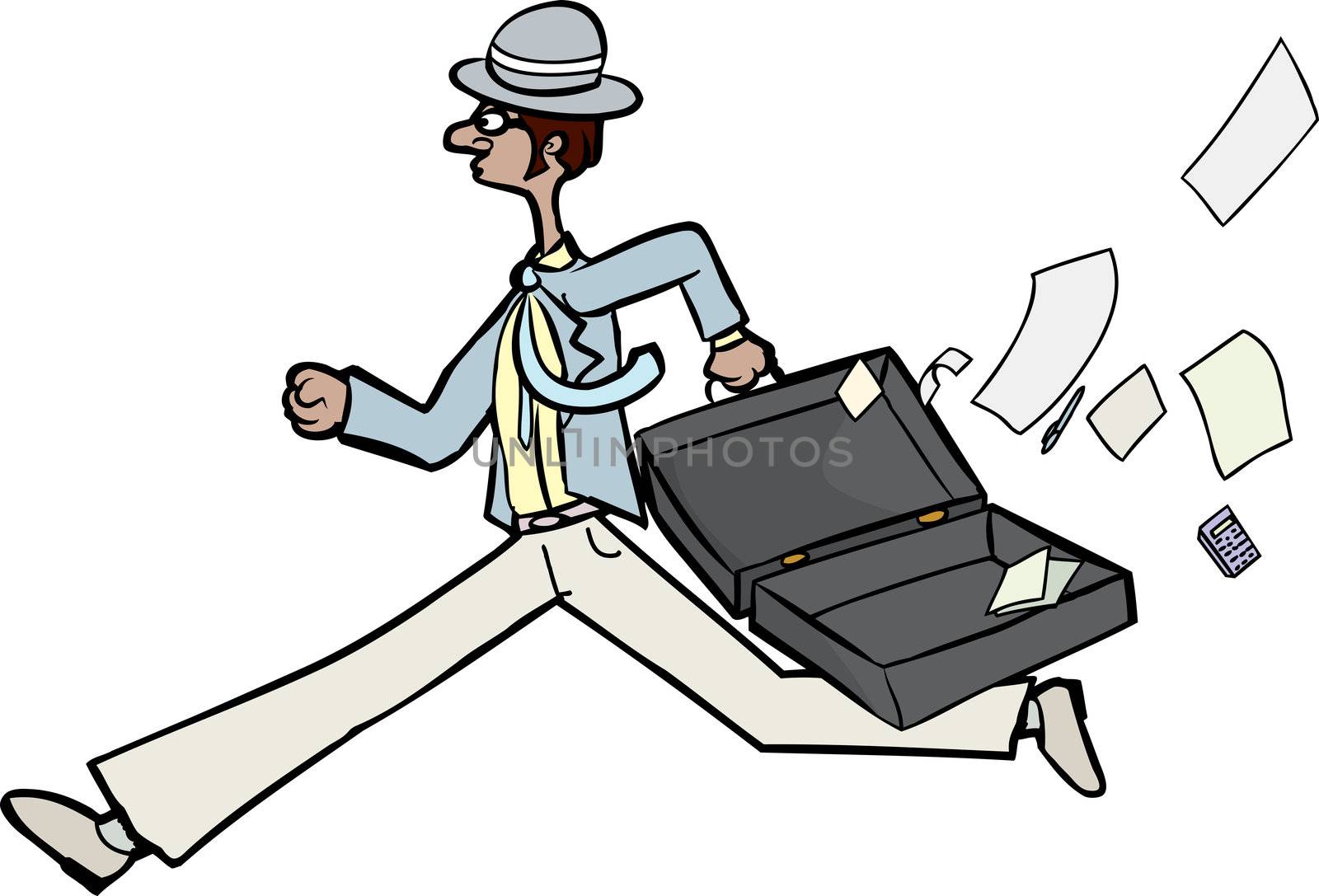 Running businessman with open briefcase and loose papers