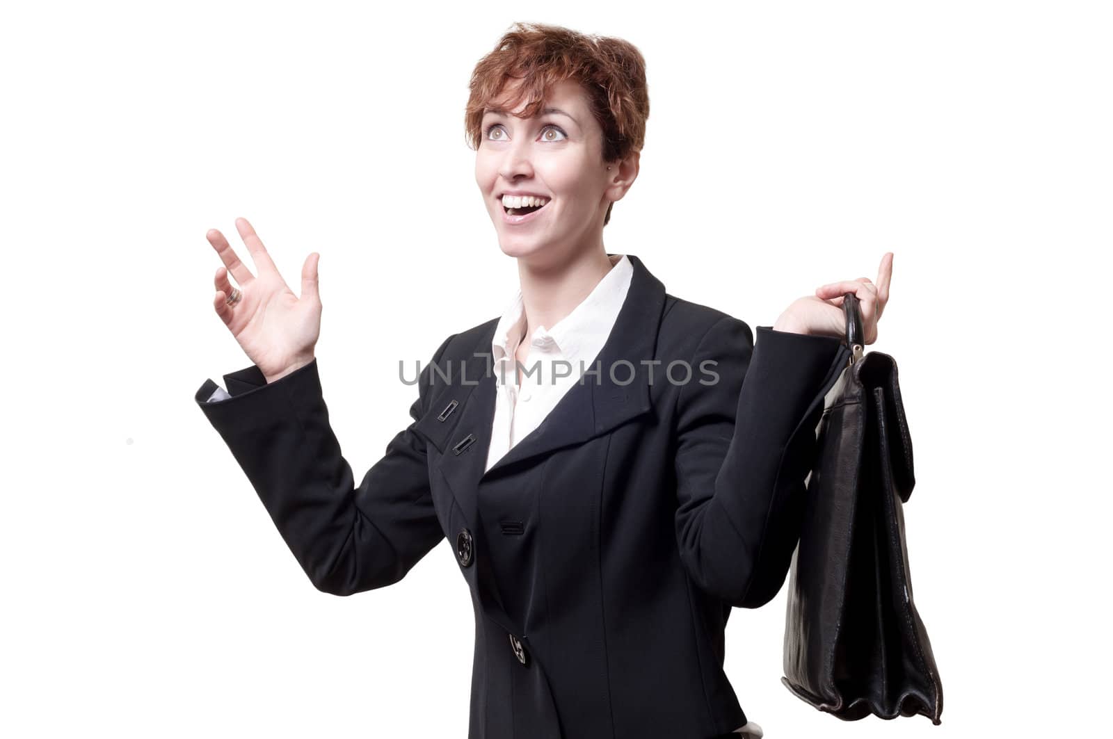 happy business woman with briefcase on white background