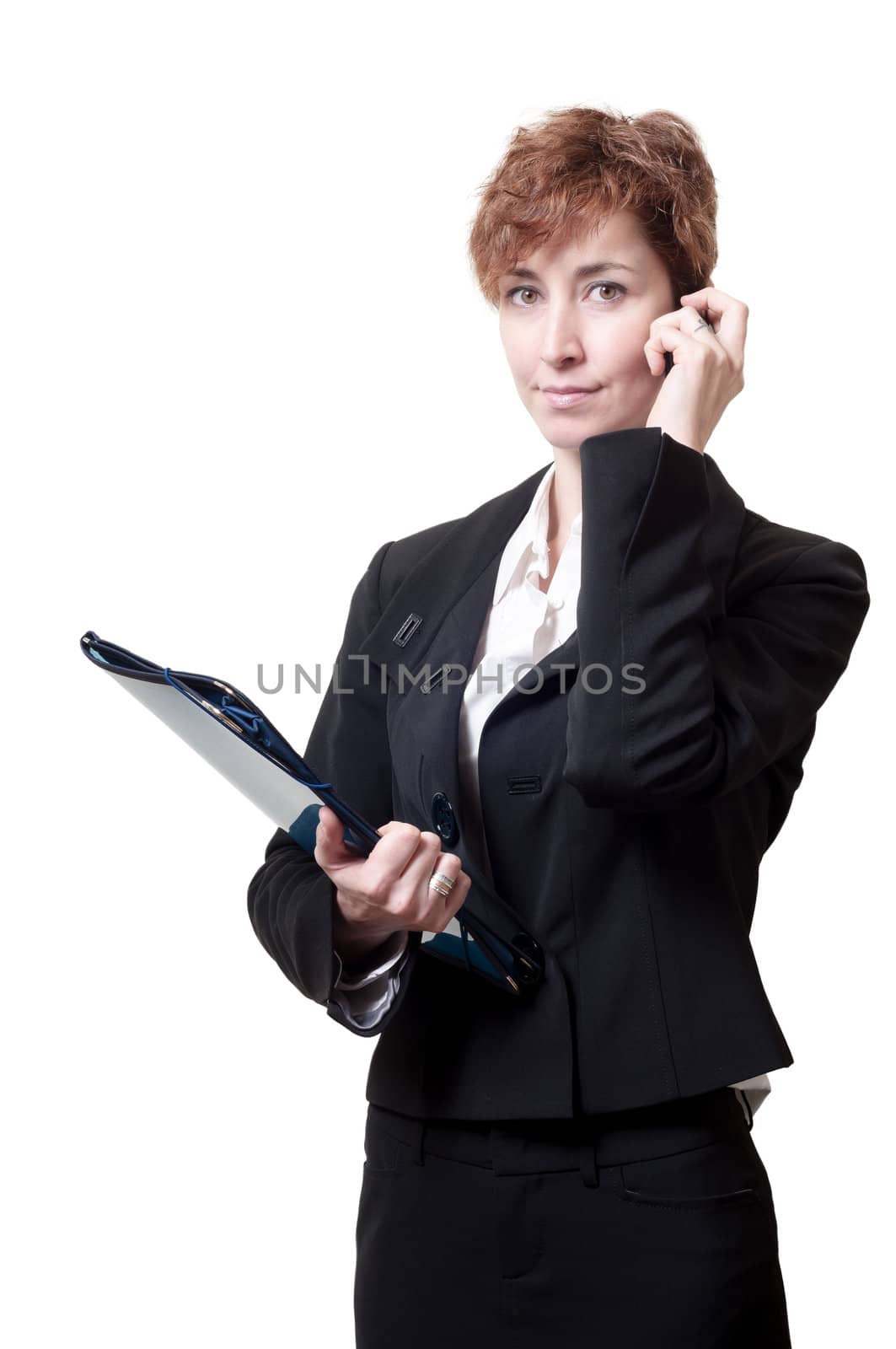 success business woman with briefcase and phone on white background
