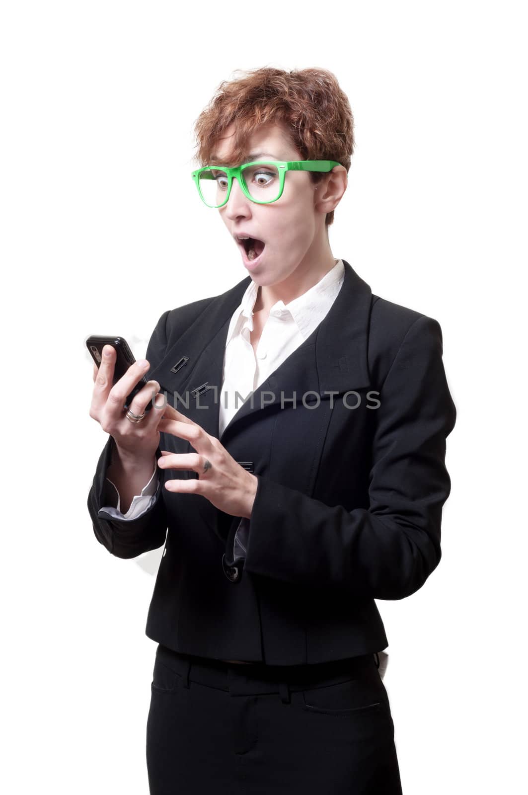 business woman calling on phone on white background