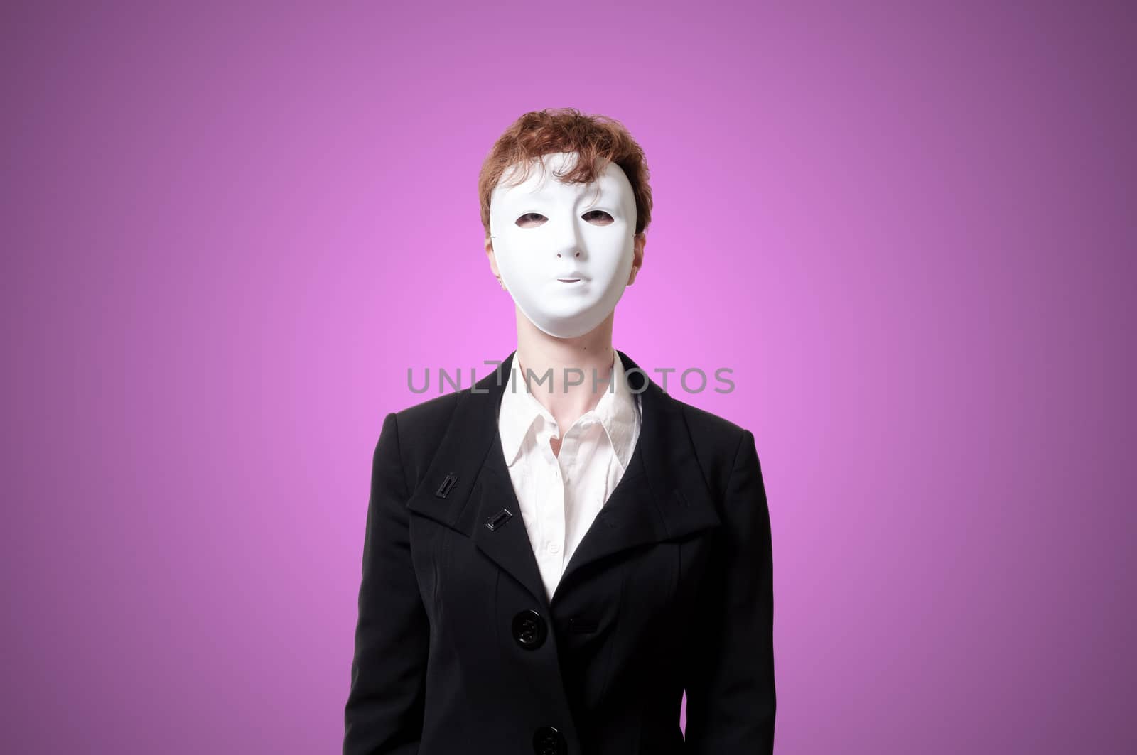 business girl with white mask on gray background