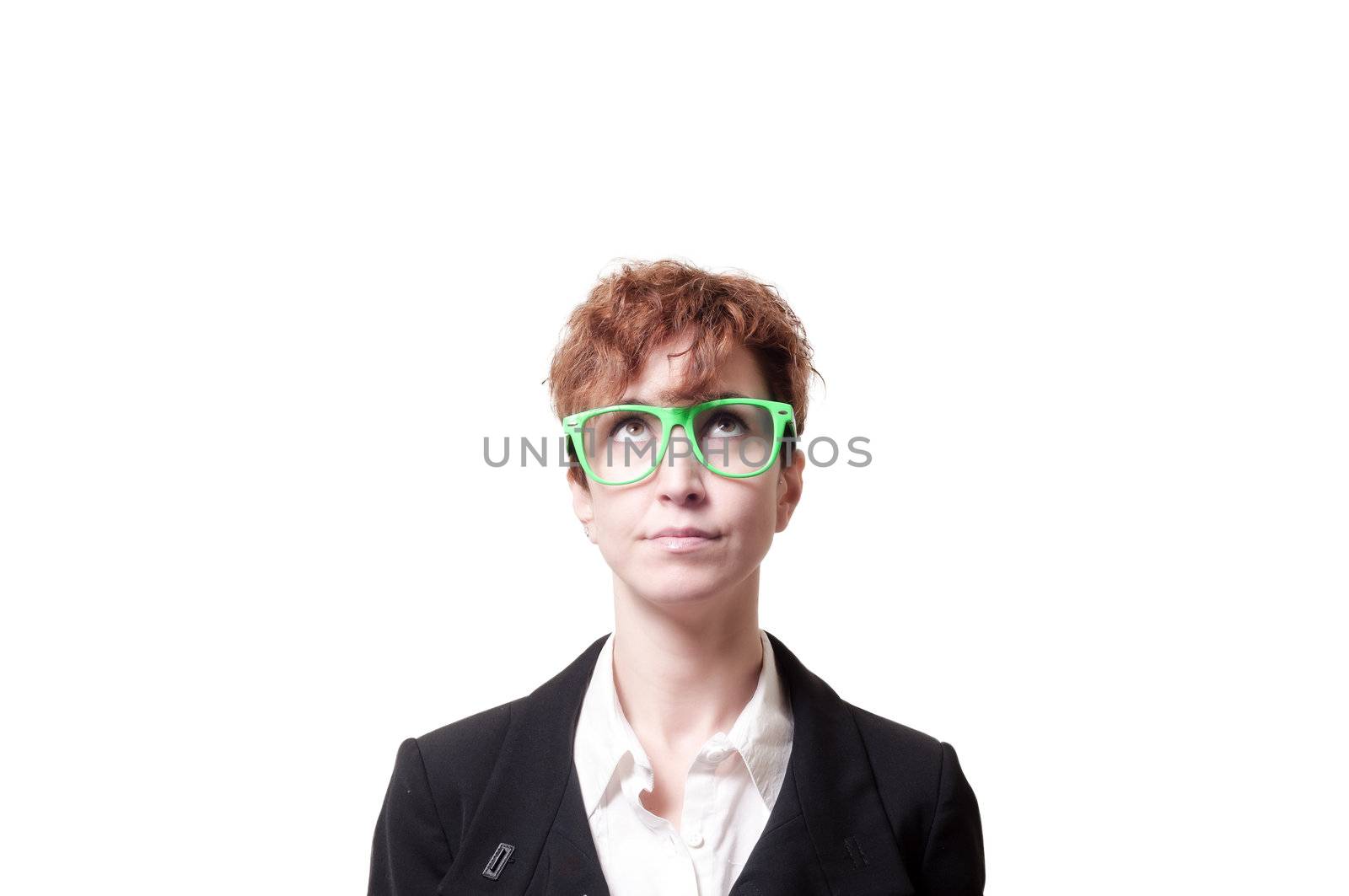 business woman with green eyeglasses on white background