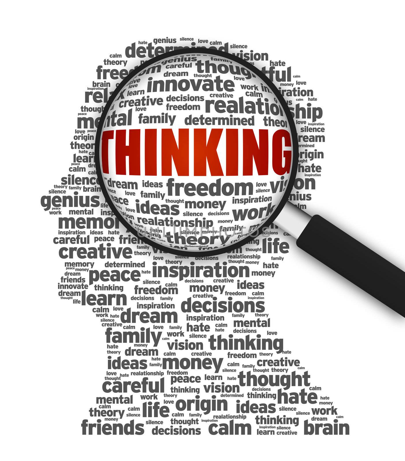 Magnified illustration of a silhouette with the word Thinking on white background.