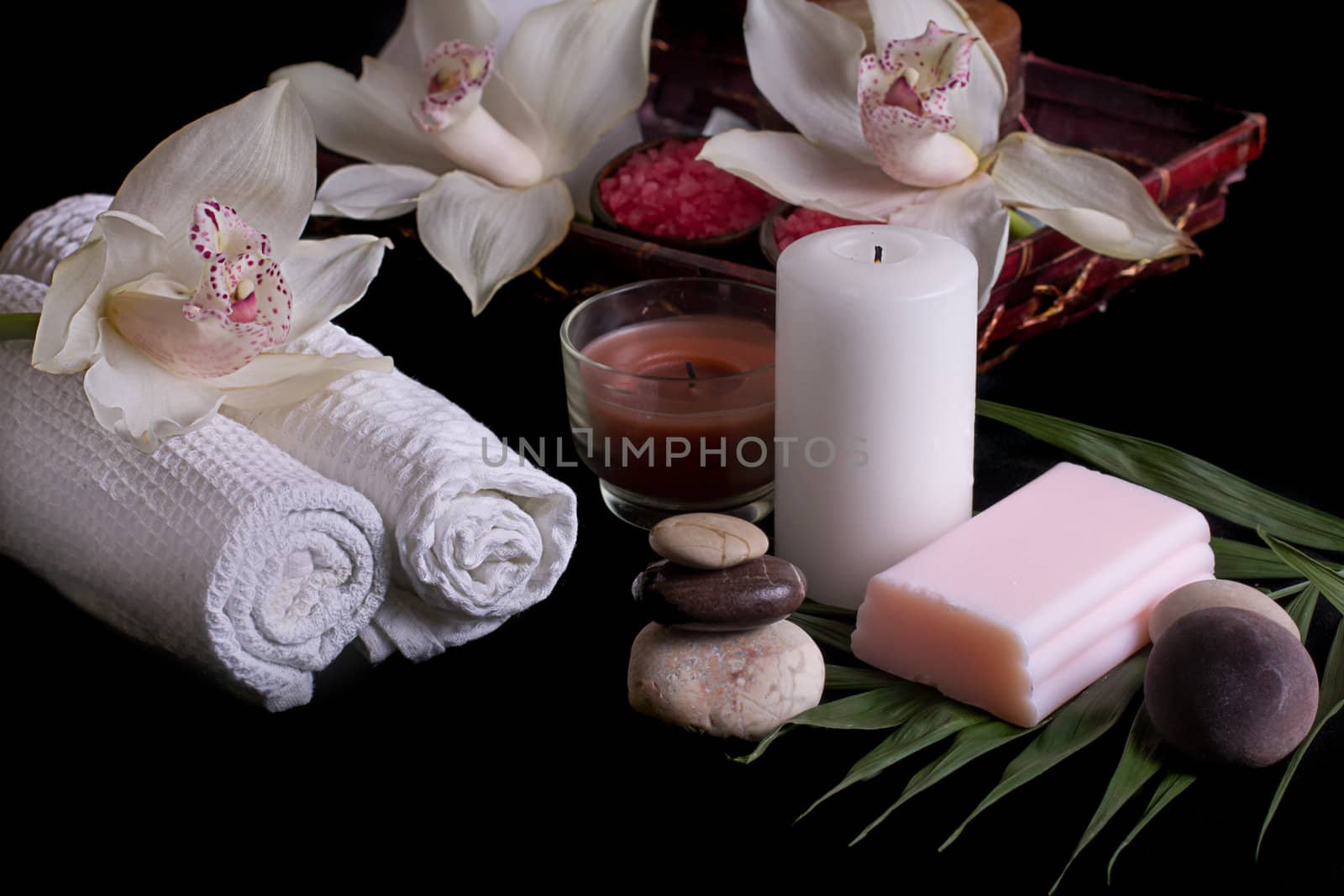 White orchids, spa products in wooden box by Angel_a
