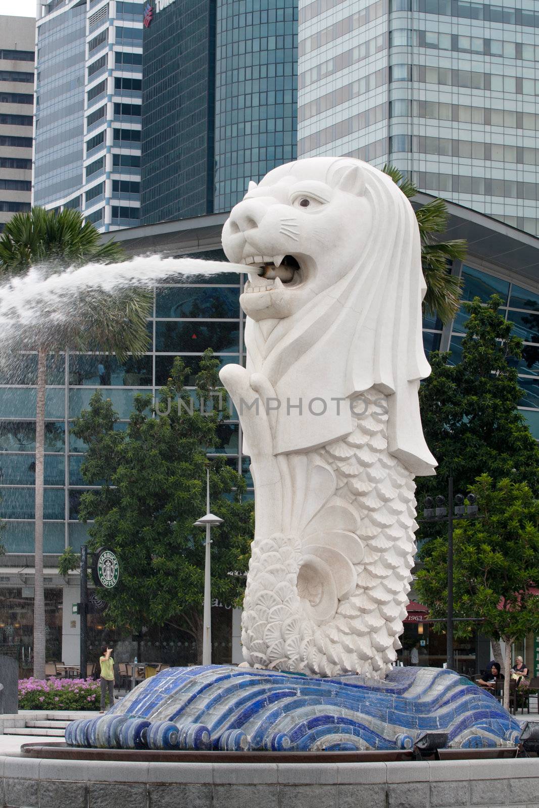 SINGAPORE - JUNE 27: Original Merlion statue fountain in Merlion Park, Singapore, June 27, 2009. This sculpture fountain is one of most well known icons of Singapore and is most important symbol, trademark of country.