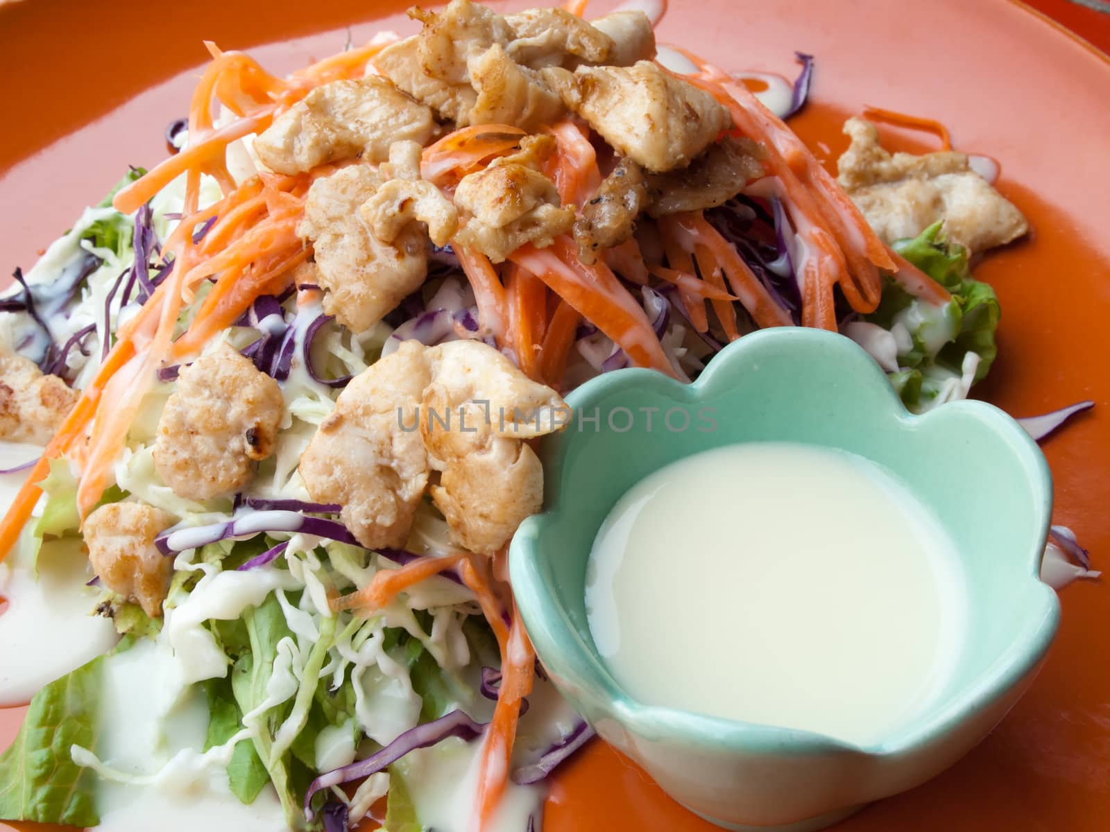 Chicken salad on a plate with salad dressing