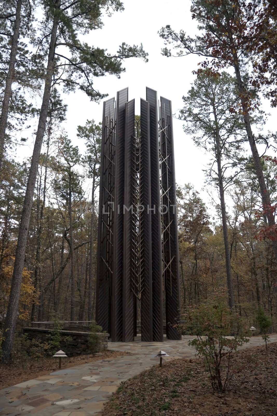 A lone contemporary metal tower lost in a forest