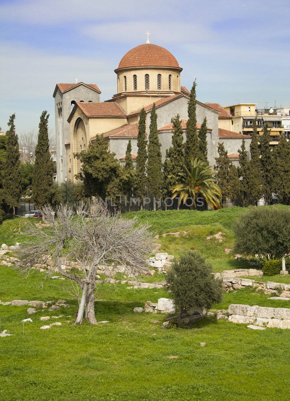 Church of Agia Triada (Holy Trinity) and remains of ancient cemetery in the Kerameikos Quarter of Athens (Greece).