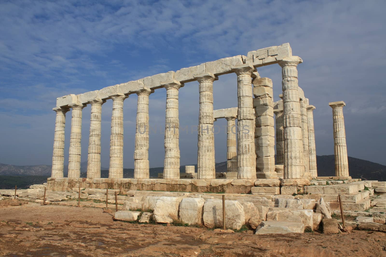 Ruins of Temple of Poseidon on Cape Sounion, near Athens, Greece.