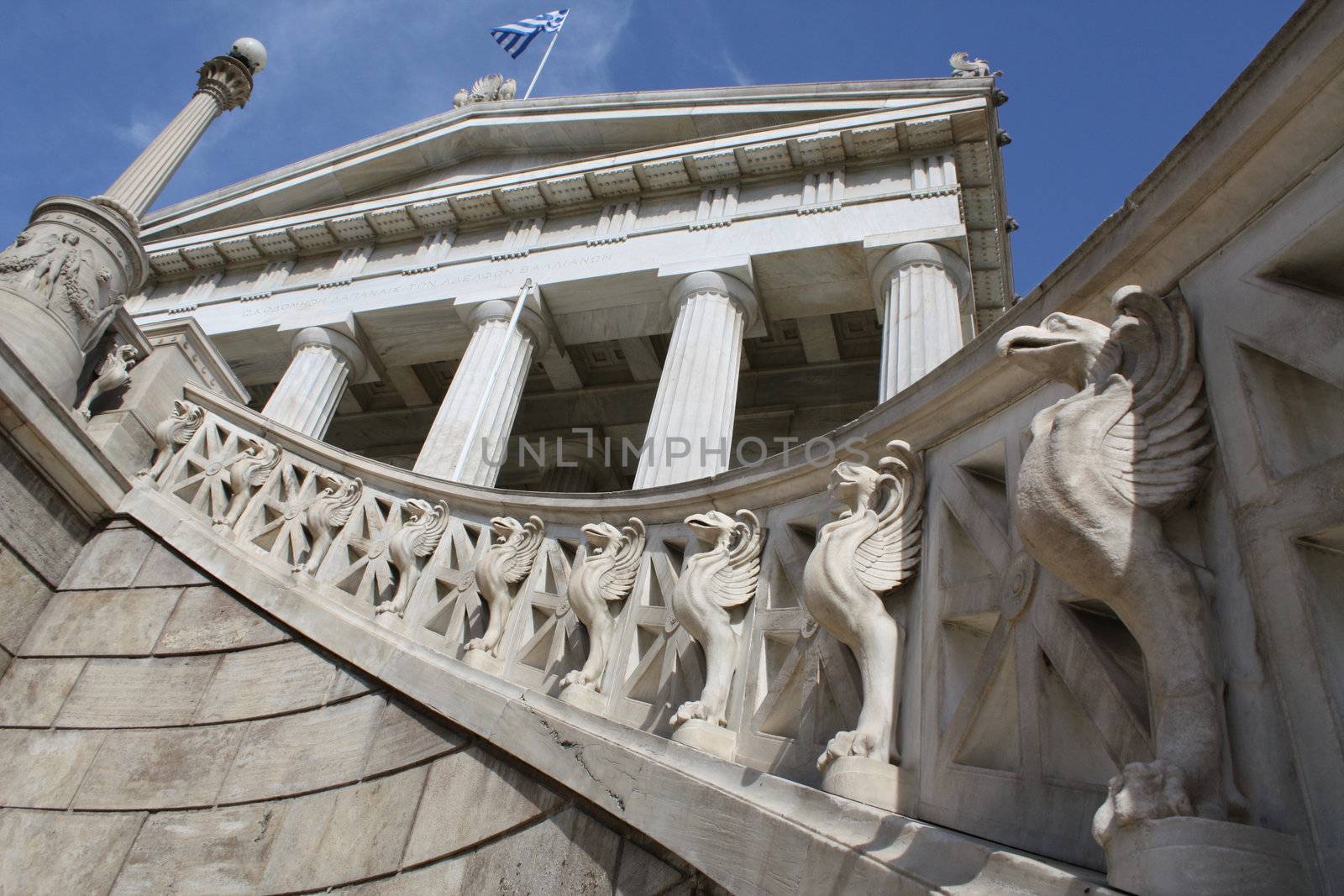 Detail of neoclassical National Library of Athens, Greece.