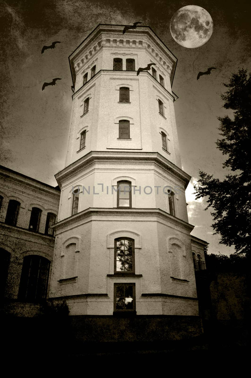 dilapidated white tower with bats and moon.