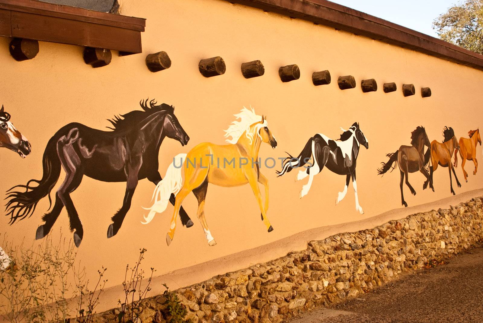 TAOS, NEW MEXICO/USA - OCTOBER 20: Mural depicting wild painted horses on walls of old town shown on October 20, 2011 in Taos, New Mexico. Taos is world famous for arts and culture.