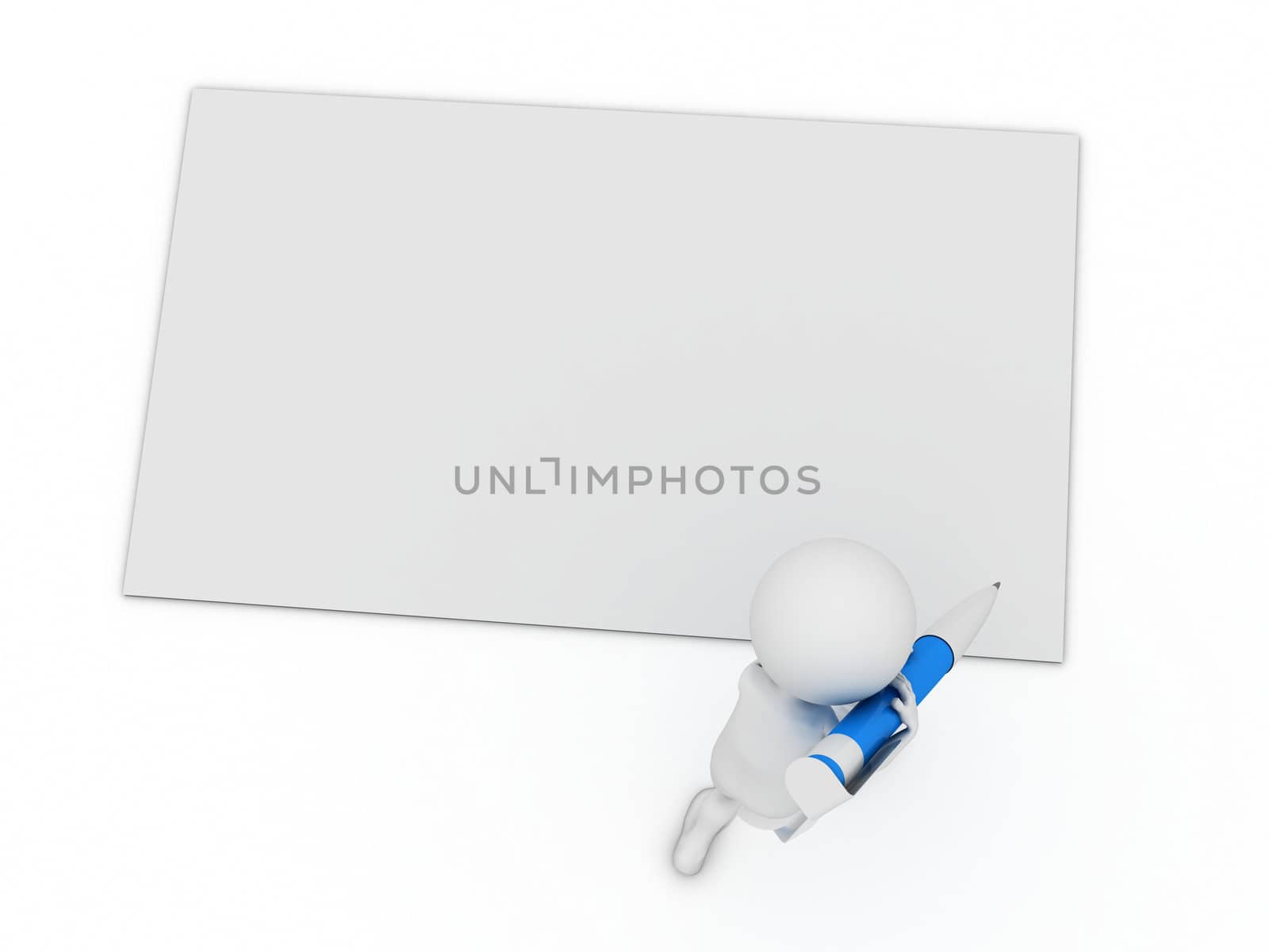 little 3d character write a card with big pen isolated on white