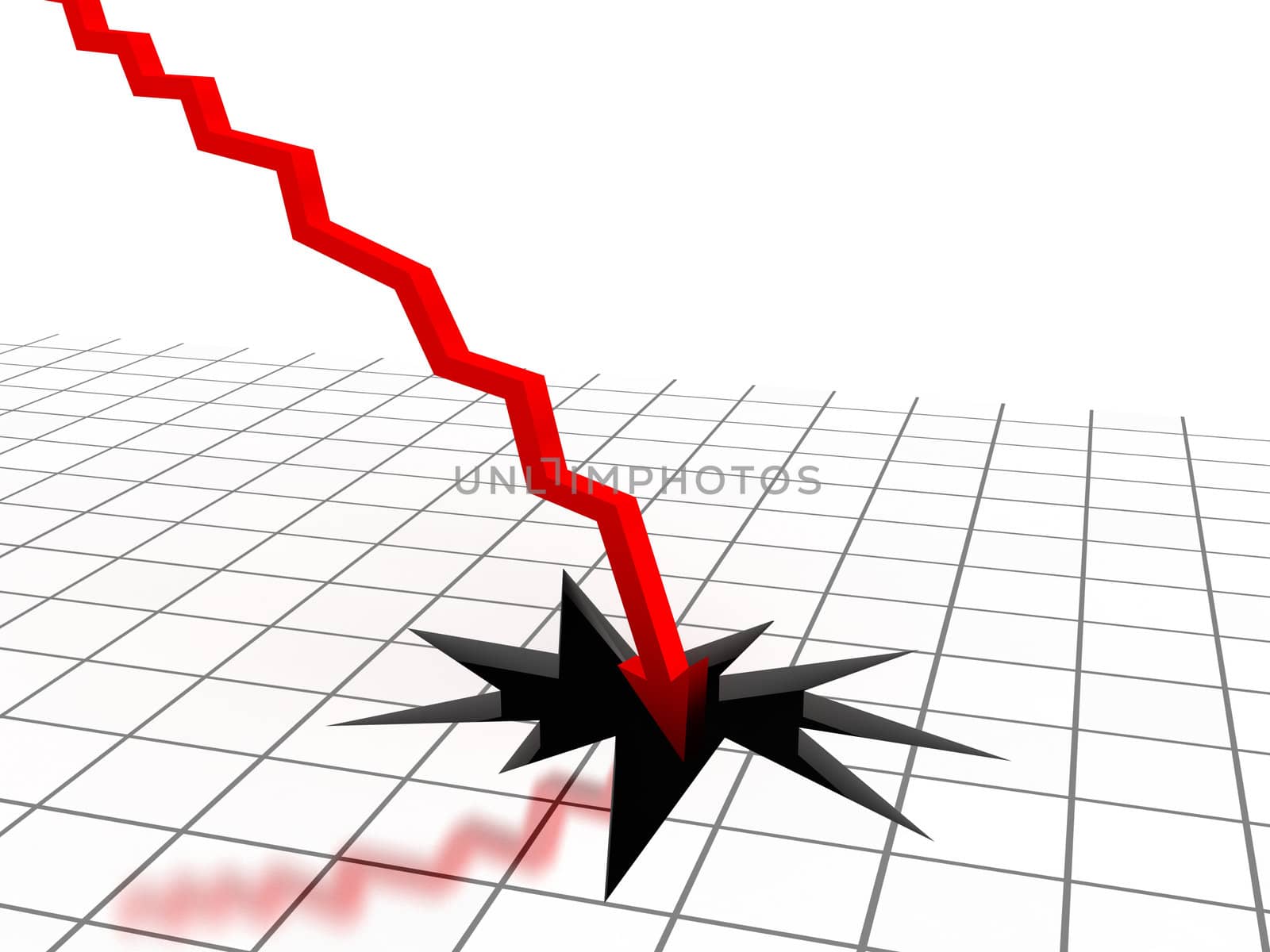 Red arrow breaking floor. Concept of bankruptcy, financial collapse, depression, failure, money crisis. Computer generated image.