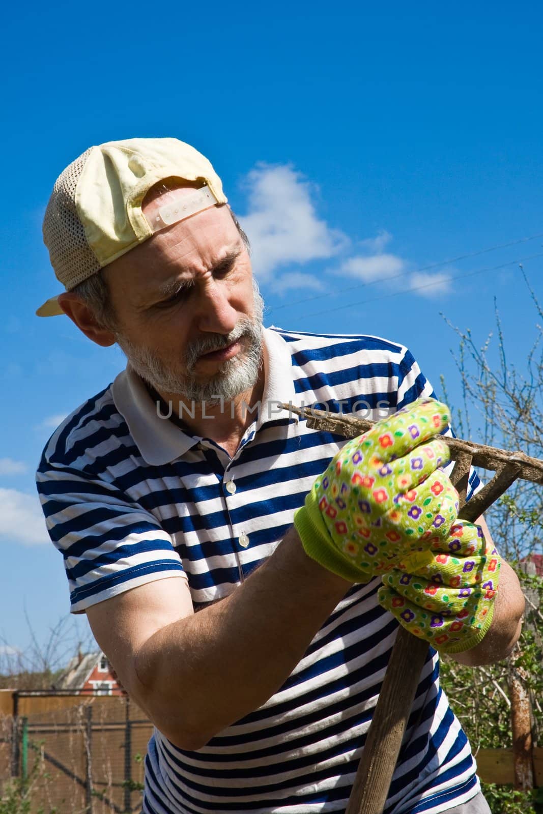 A man with a rake  in the garden