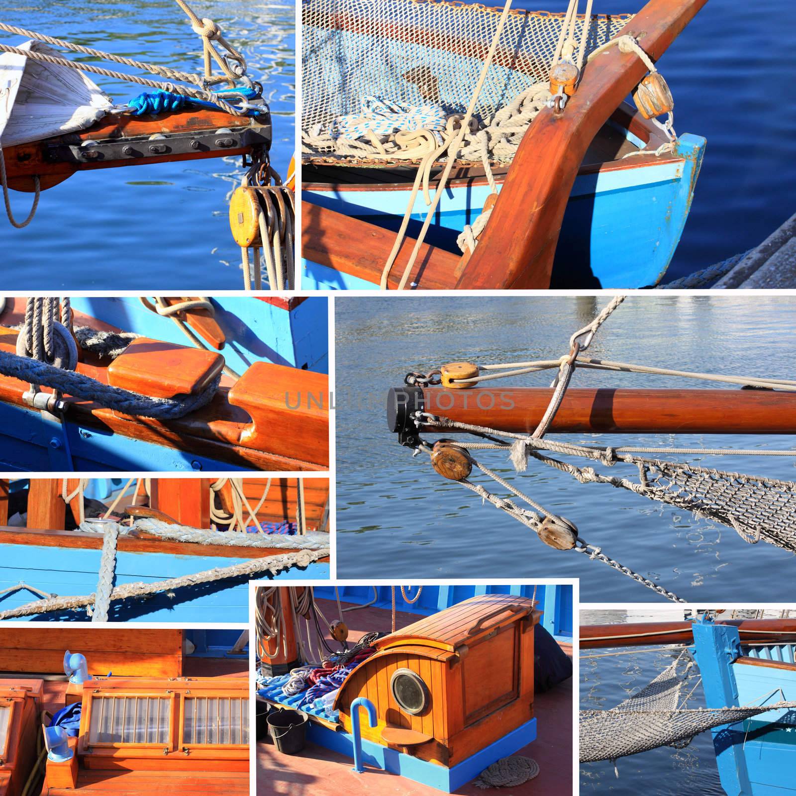 mixed collage of details of an old sailboat