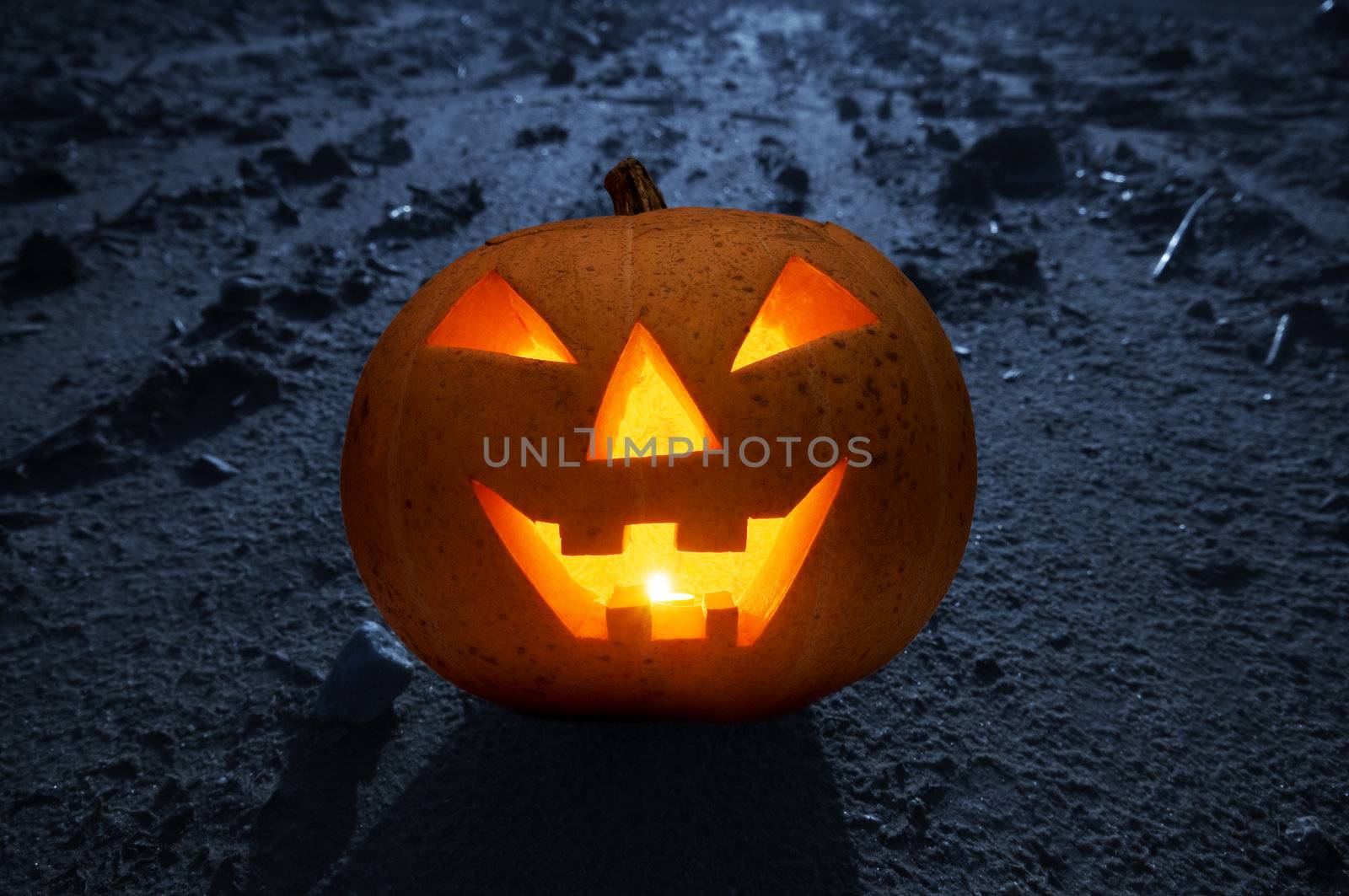 Halloween glowing and smiling pumpkin face on dark land with moonlight at night