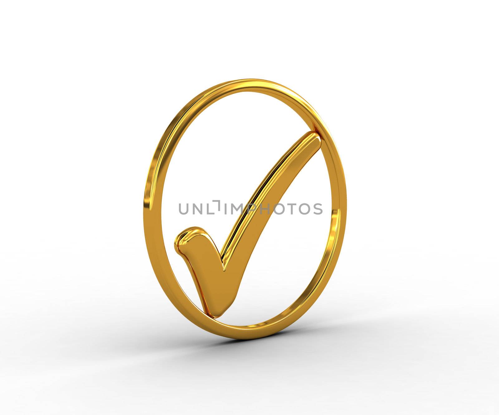 Golden ring with check mark in perspective