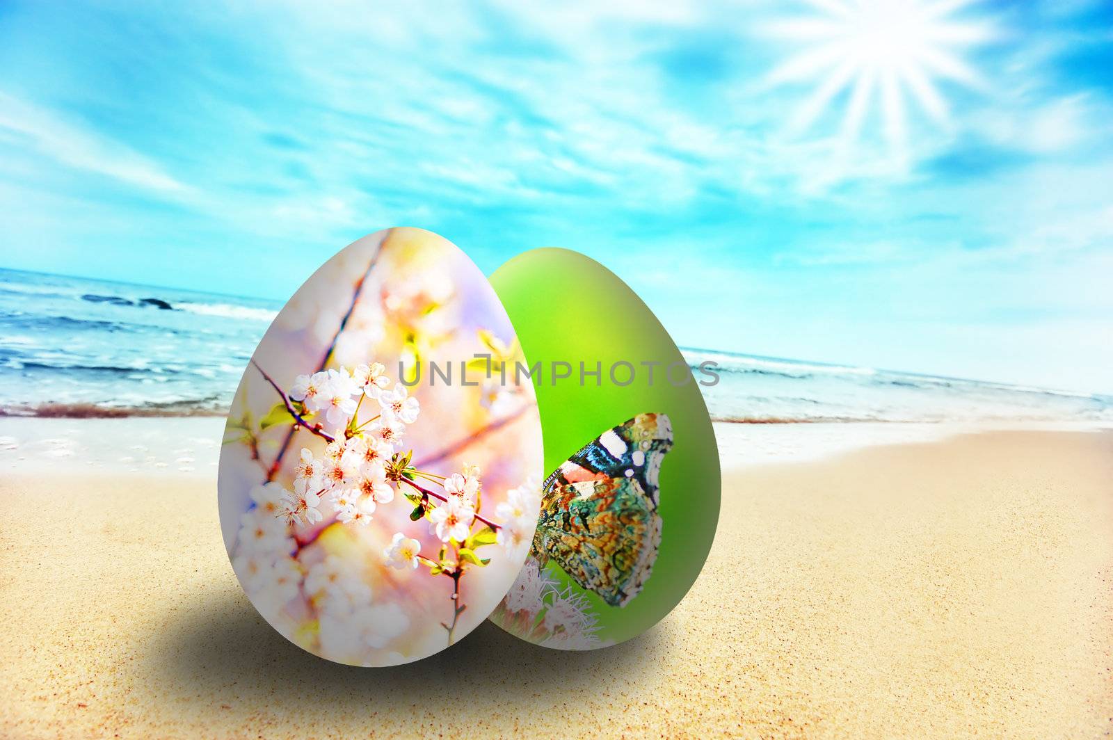 Colorful easter eggs in exotic scenery on sunny beach