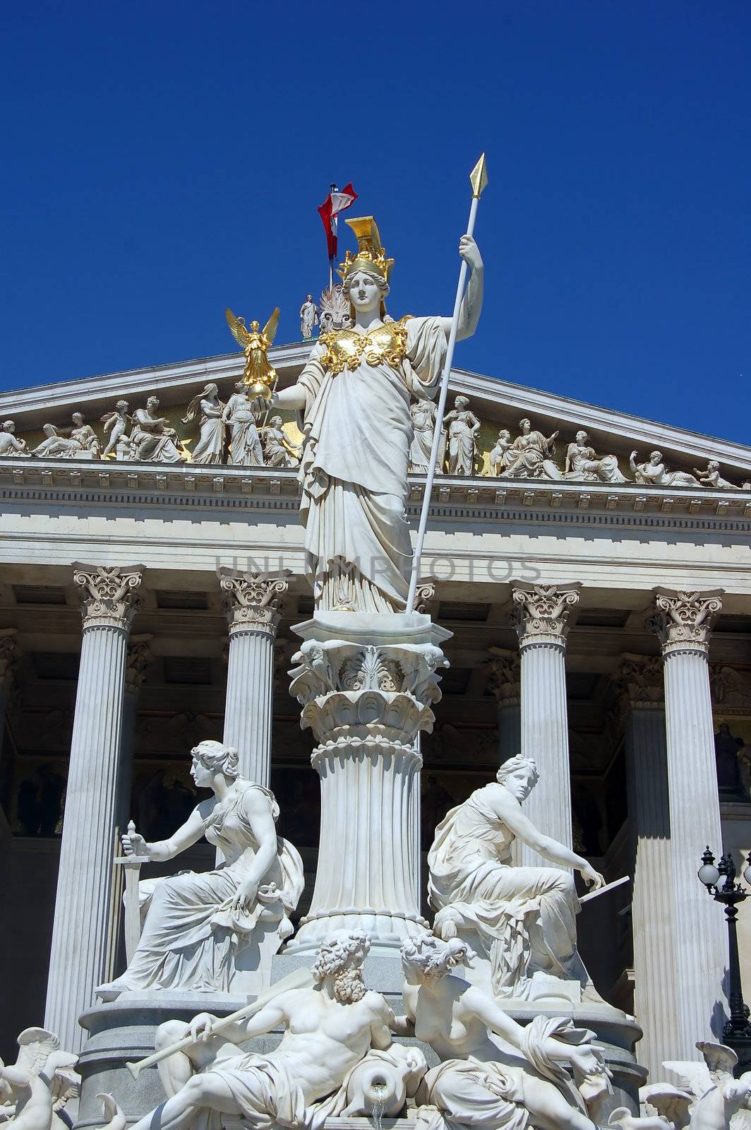 Austrian Parliament Building in Vienna with the Statue of Athena in Front