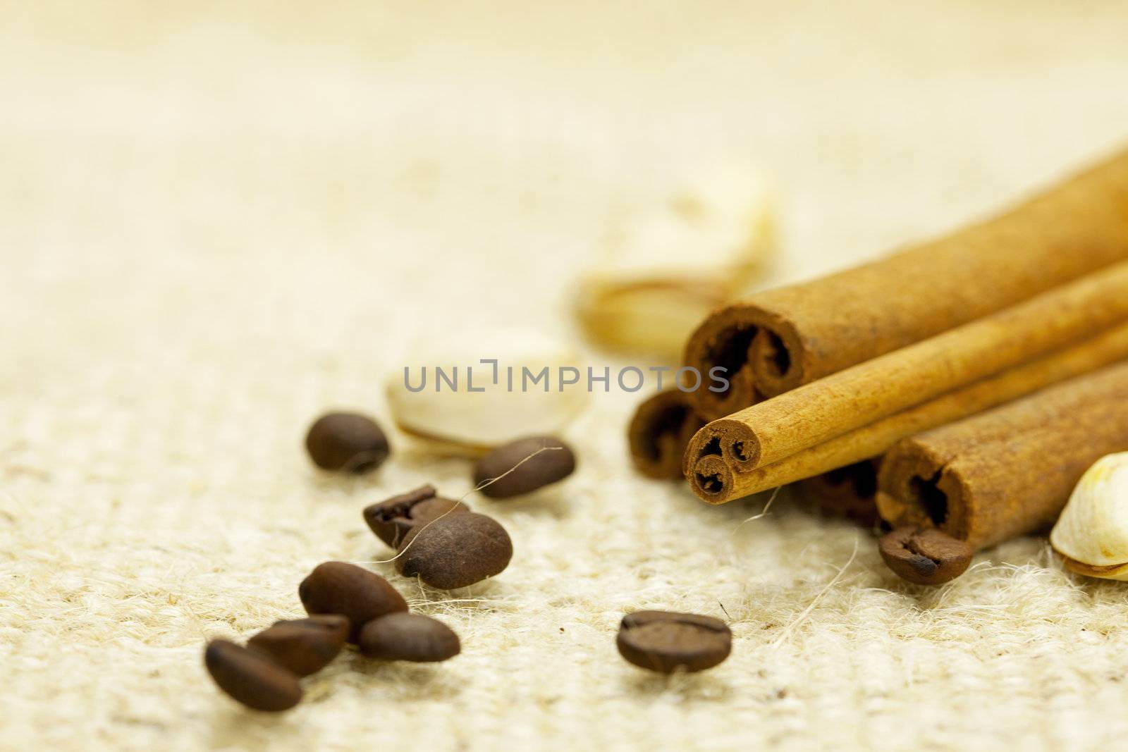 cinnamon and coffee on canvas cloth