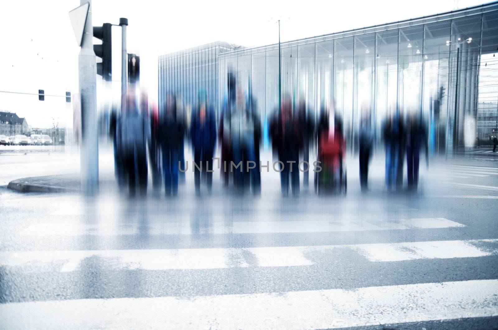 Pedestrian crossing rush. People moving motion