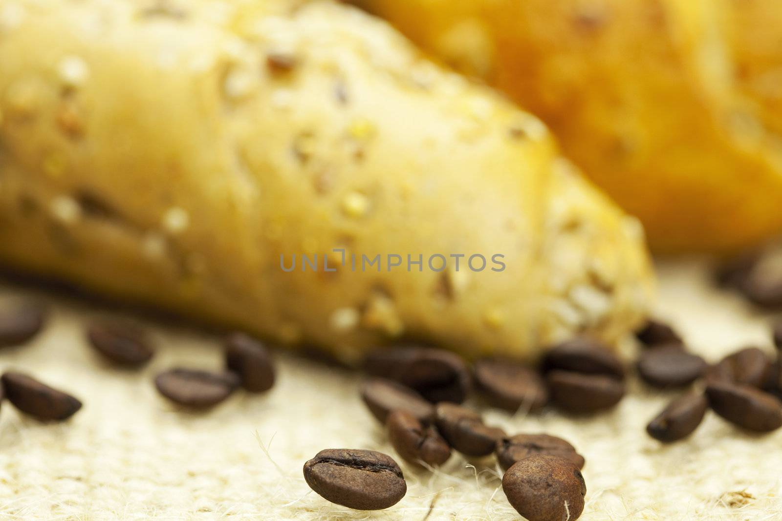 bread and coffee on linen fabric